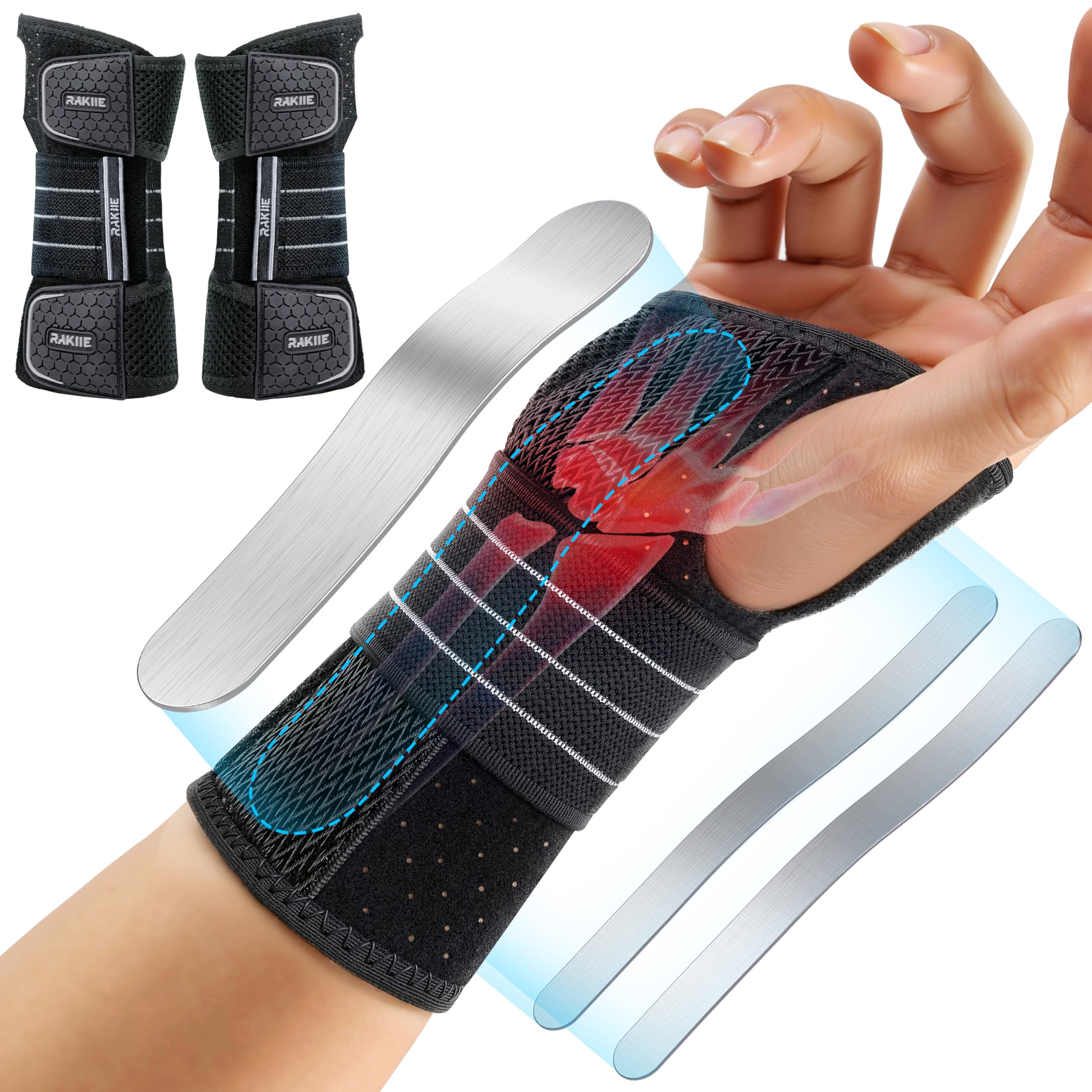 Rakiie 2 Pack Carpal Tunnel Wrist Braces Adjustable Wrist Support Splint for Night Sleep Daytime Working Hand Braces