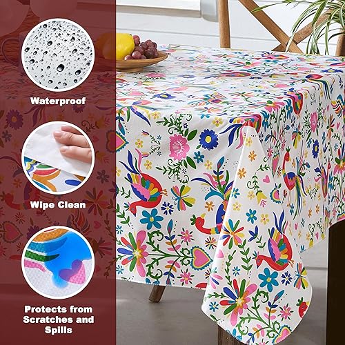 Miniatura 3 de Newbridge Mantel de vinilo con estampado popular de animales con reverso de franela, 60 x 84 pulgadas, ovalado, pájaros otomíes mexicanos,