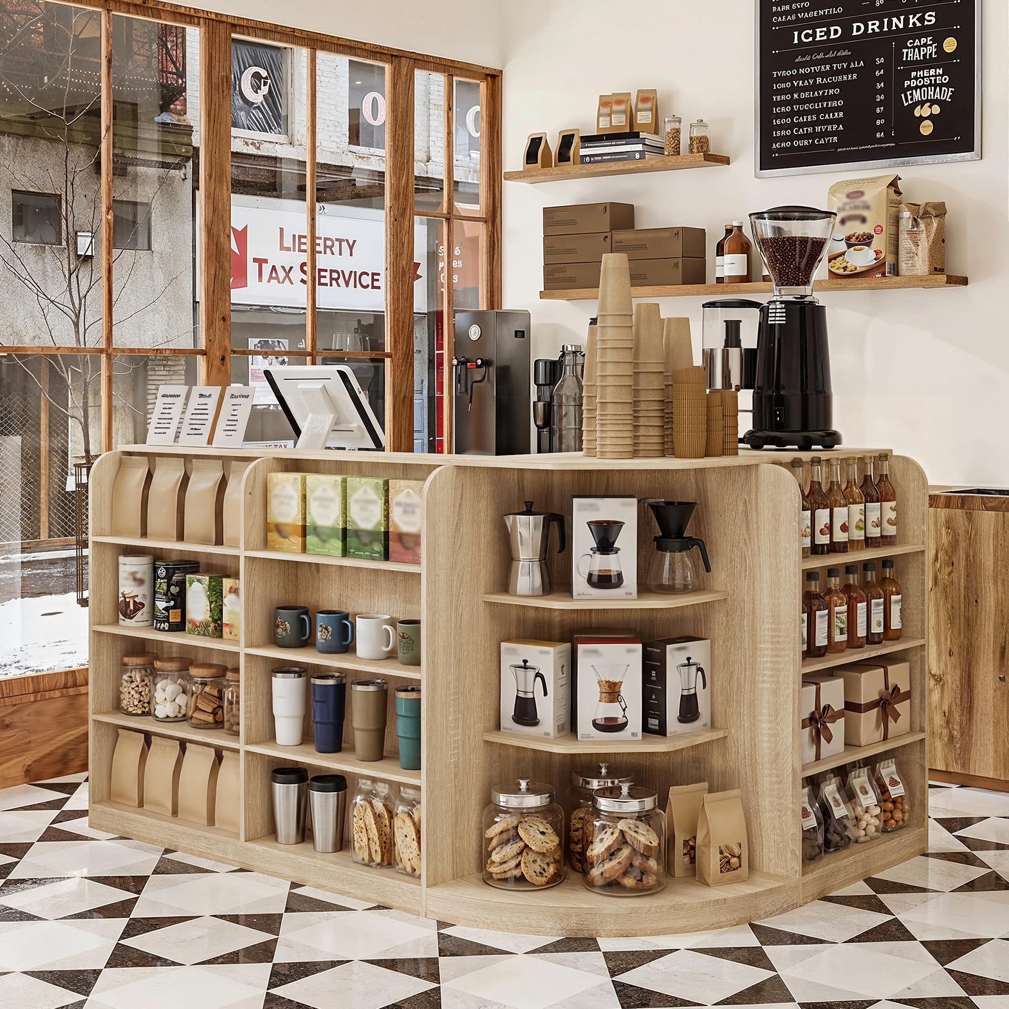 Mesa de recepción en forma de L con espacio de almacenamiento – Moderno mostrador de recepción con 3 cajones y armario, mesa de mostrador de madera para oficina, hotel, salón, práctica y