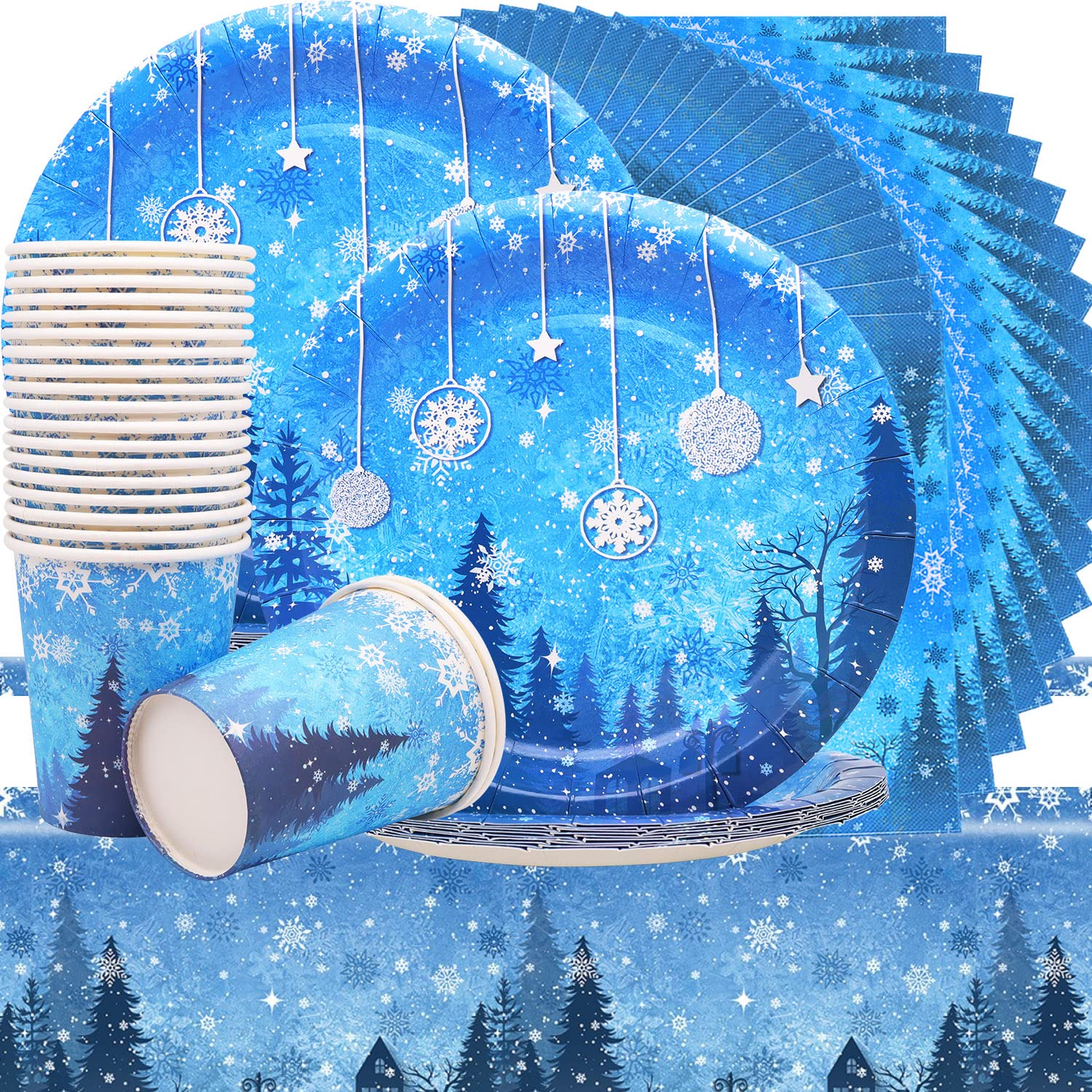 XINQI 61 Winter Birthday Party Tableware Set, Snowflake Party Accessory Set Including 1 Tablecloth, 20 Plates, 20 Cups and 20 Napkins for Christmas Winter Party Tableware Decoration