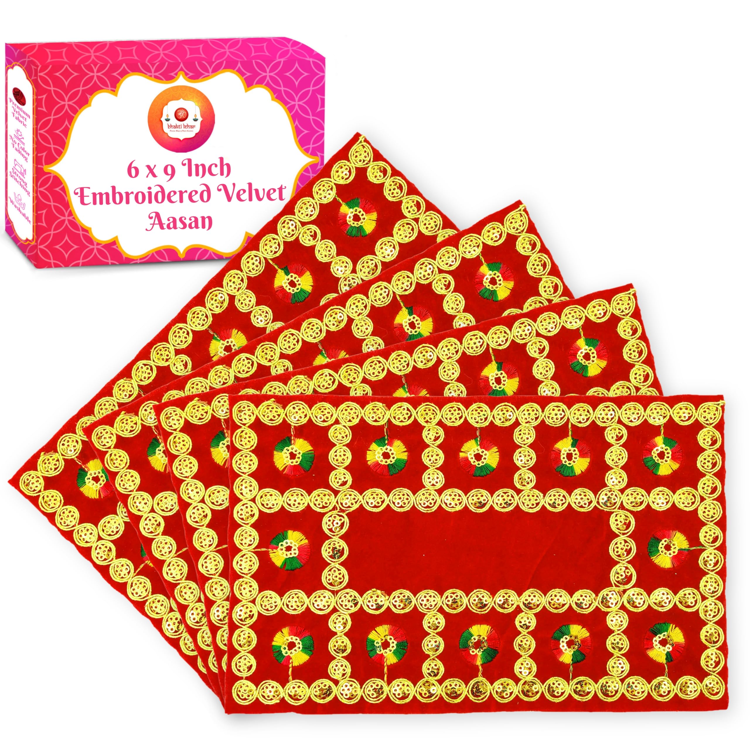 Bhakti Lehar (6 x 9 Inch) Embroidered Red Velvet Pooja Aasan Cloth for God | Puja Chowki Kapda Altar Cloth for Home Mandir, Temple Shelf, Ganesh Baithak and God Idol Sitting - Pack of 4