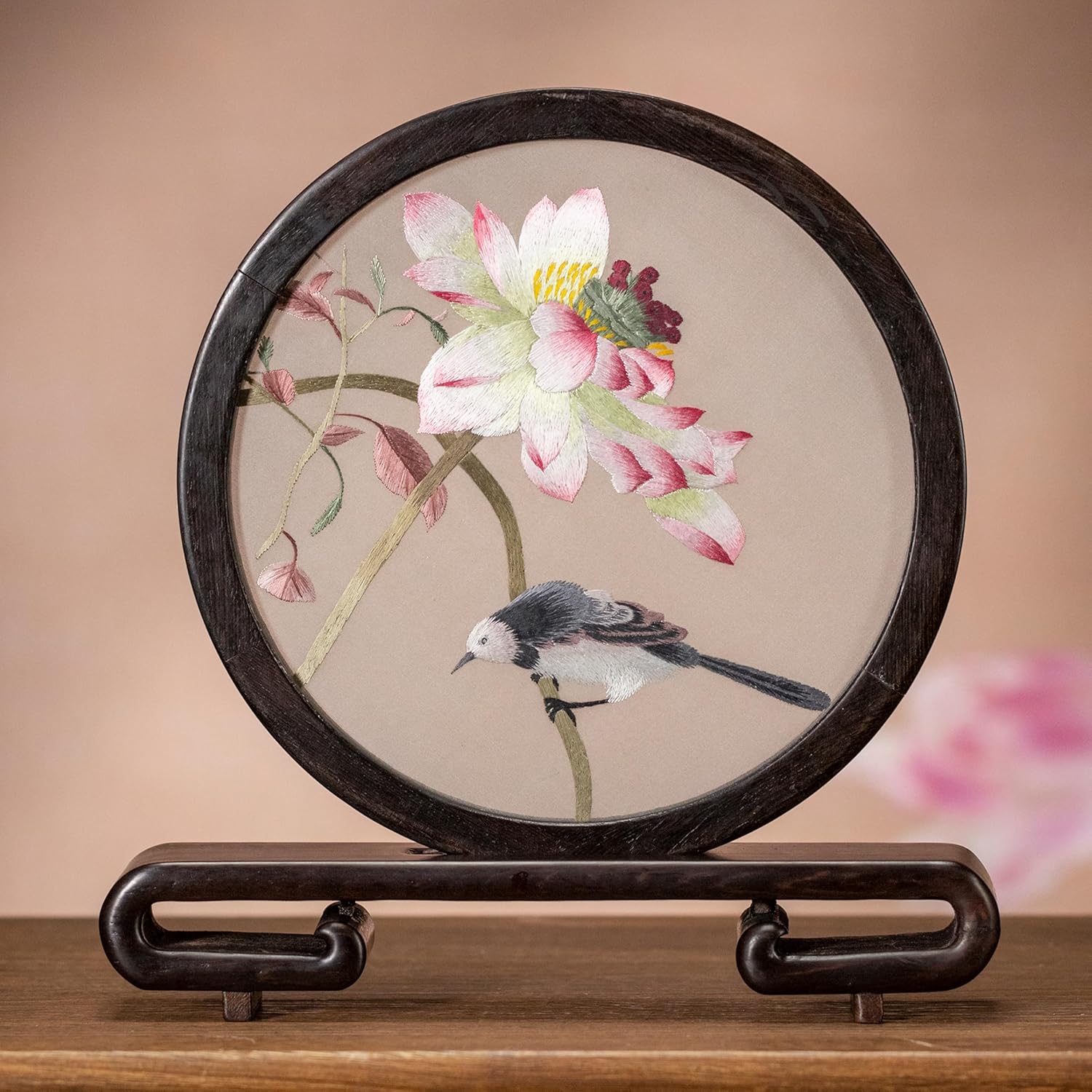 Ebherys Hand Embroidery Art, 8” Glass Round Screen for Desk Top, Handmade Needlework on Silk Mat with Solid Wood Frame, Two Sides with Same Lotus Image for Home and Office Decor(Lotus)