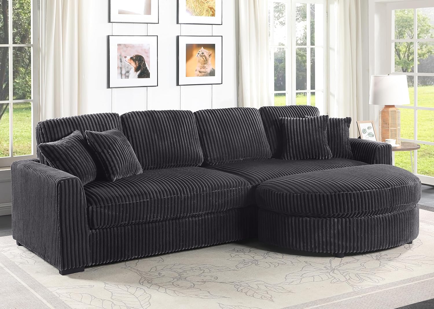 ERYE Oversized Indoor Modular Sectional Sofa, Curved Reversible Chaise, 4 Seaters, Dark Gray, Corduroy Upholstered, W/4 Pillows & Movable Ottoman, Modern Living Room Sofa & Couch for Office Apartment