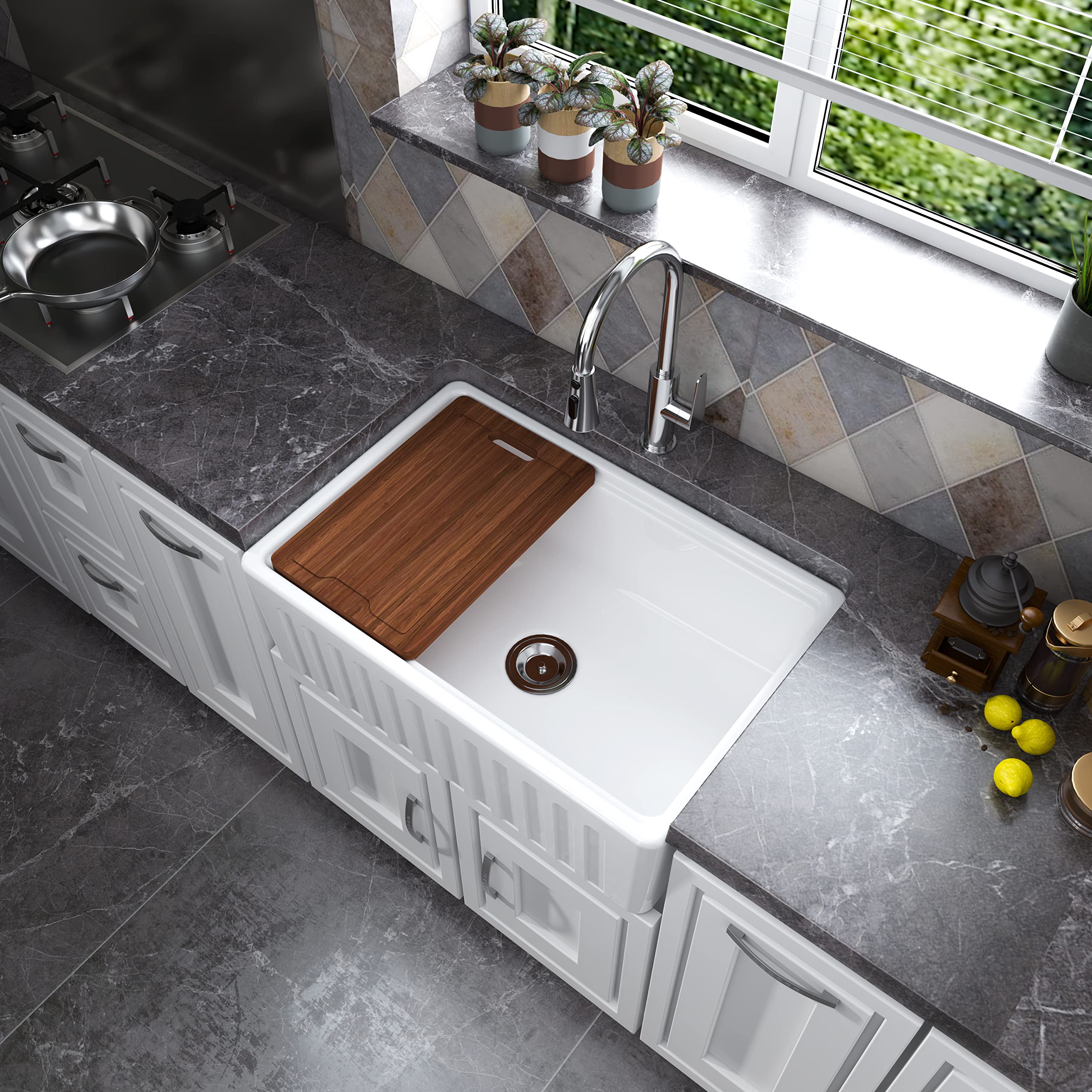 MEJE 76.2 x 50.8 CM Grembiule-front Rim Rim Workstation Farmhouse Lavello da cucina, ciotola singola in ceramica con tagliere, griglia e filtro - bianco