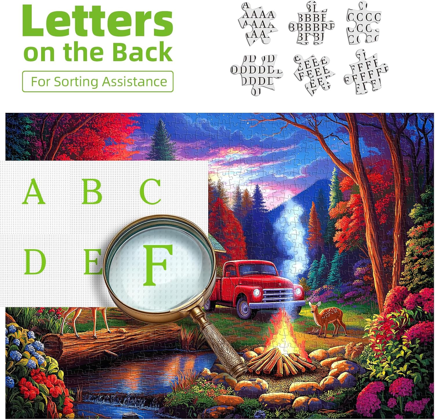 1000 Piece Jigsaw Puzzle for Adults, Rustic Camping Scene with Log Cabin, Vintage Red Truck, Deer & Campfire, Colorful Forest Dusk Landscape, Premium Quality Puzzle for Family Fun image 3
