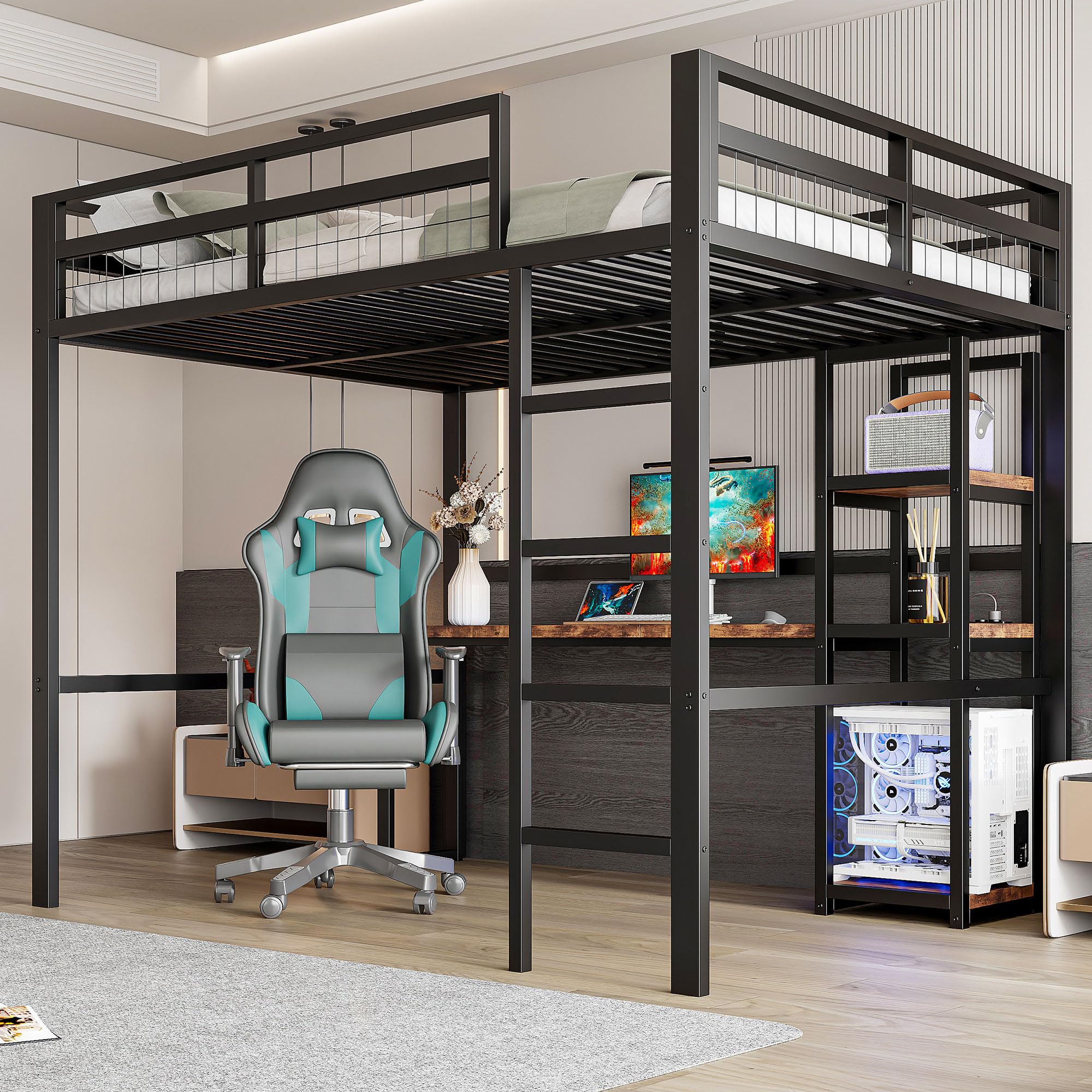 Dolamaní Cama alta para adultos, 140 x 200 cm, marco de cama de metal con enchufe, cama de metal con USB Type-C y varios estantes, capacidad de carga de 150 kg (negro)