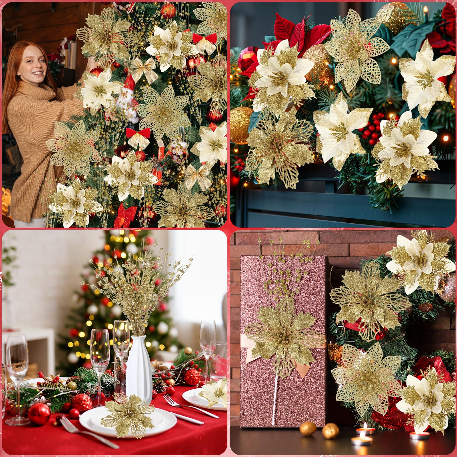 Leumoi 54 Stück 4 Stile Weihnachtssterne künstliche Beeren Picks Weihnachtsbaum Ornamente Kit Glitzer Blumen mit Schleifen, Stielen, Clips, Floral Weihnachtsdekorationen für Kranz Kamine (Gold)