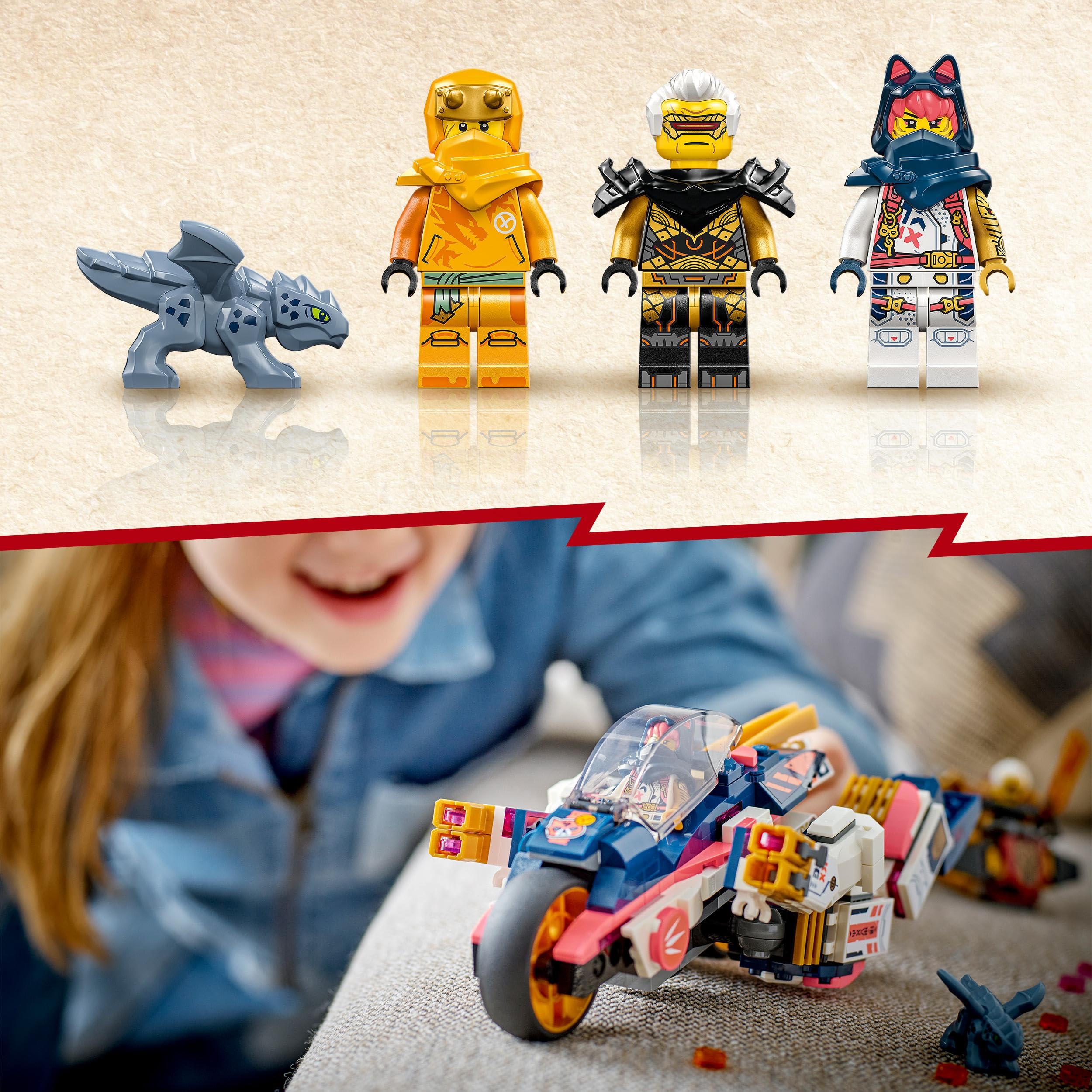 LEGO 71792 NINJAGO Soras transformierender Mech-Bike-Renner, 2in1 Set mit transformierender Mech-Actionfigur, Motorrad-Spielzeug Set mit 3 Minifiguren für Kinder, Jungen und Mädchen