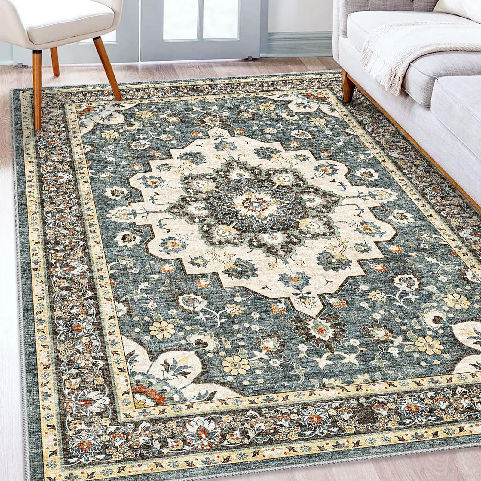 TOPRUUG Washable Oriental Area Rug - 5x8 Rugs for Living Room Soft Carpet for Bedroom Waterproof Floral Distressed Indoor Stain Resistant Non-Shedding