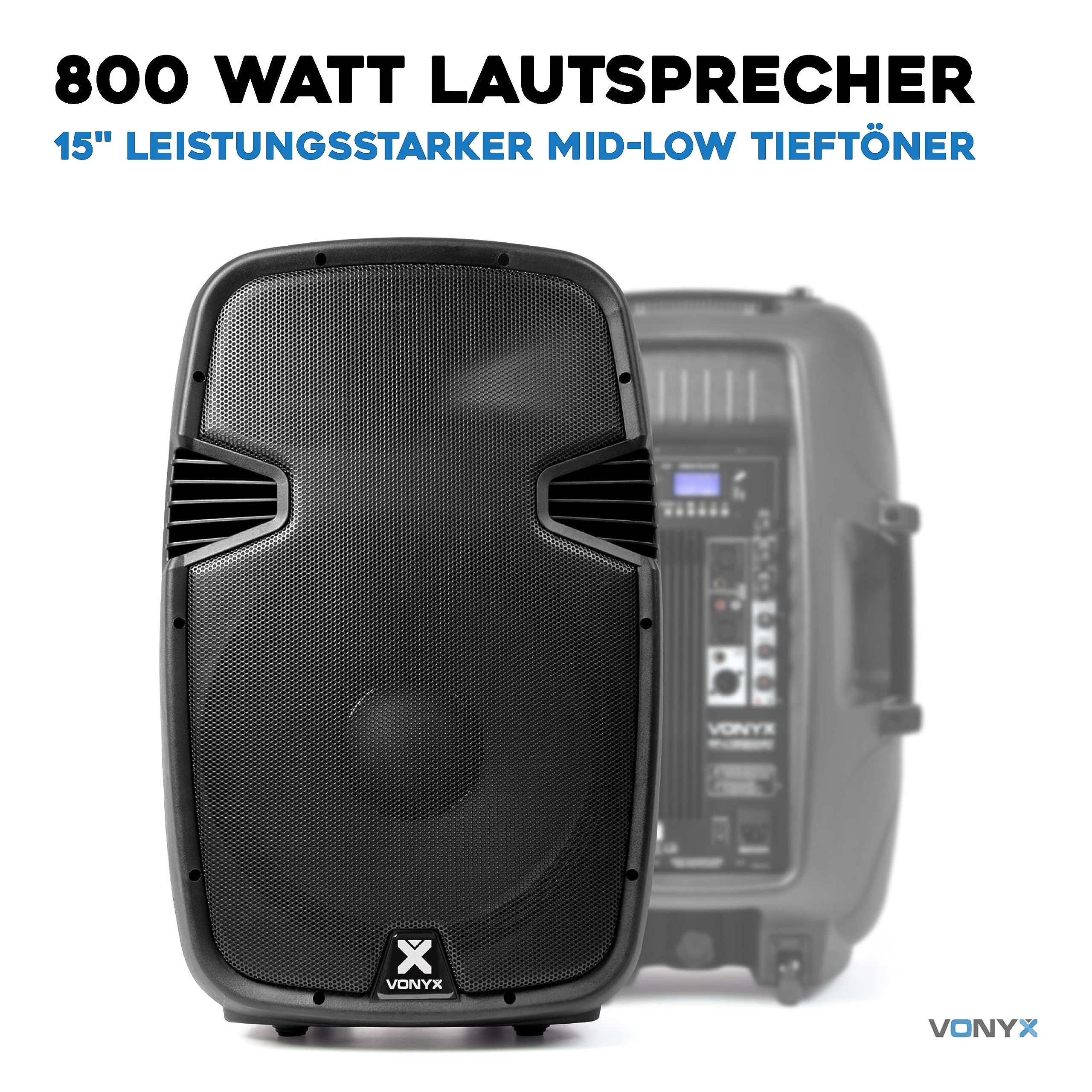 Vonyx SPJ-1500ABT MP3, PA Aktiv Lautsprecher, DJ Box, 800 Watt 15 Zoll High End Aktivpeaker, MP3-Player, Rollen, Fernbedienung, Bluetooth, USB, DMX, Cinch, PA-Speaker, Monitor Boxen, Karaoke, Schwarz