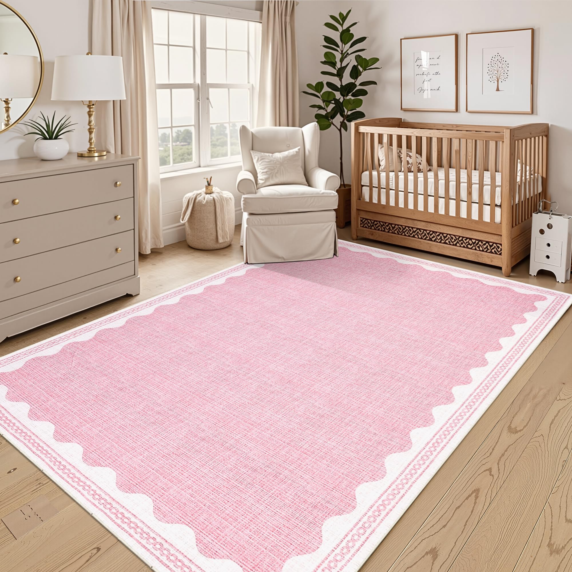 GarveeHome Scalloped 3x5 Washable Rug Non-Slip Low-Pile Indoor Rugs for Entryway Solid Pink Modern Minimalism Carpet for Bedroom Living Room Kitchen