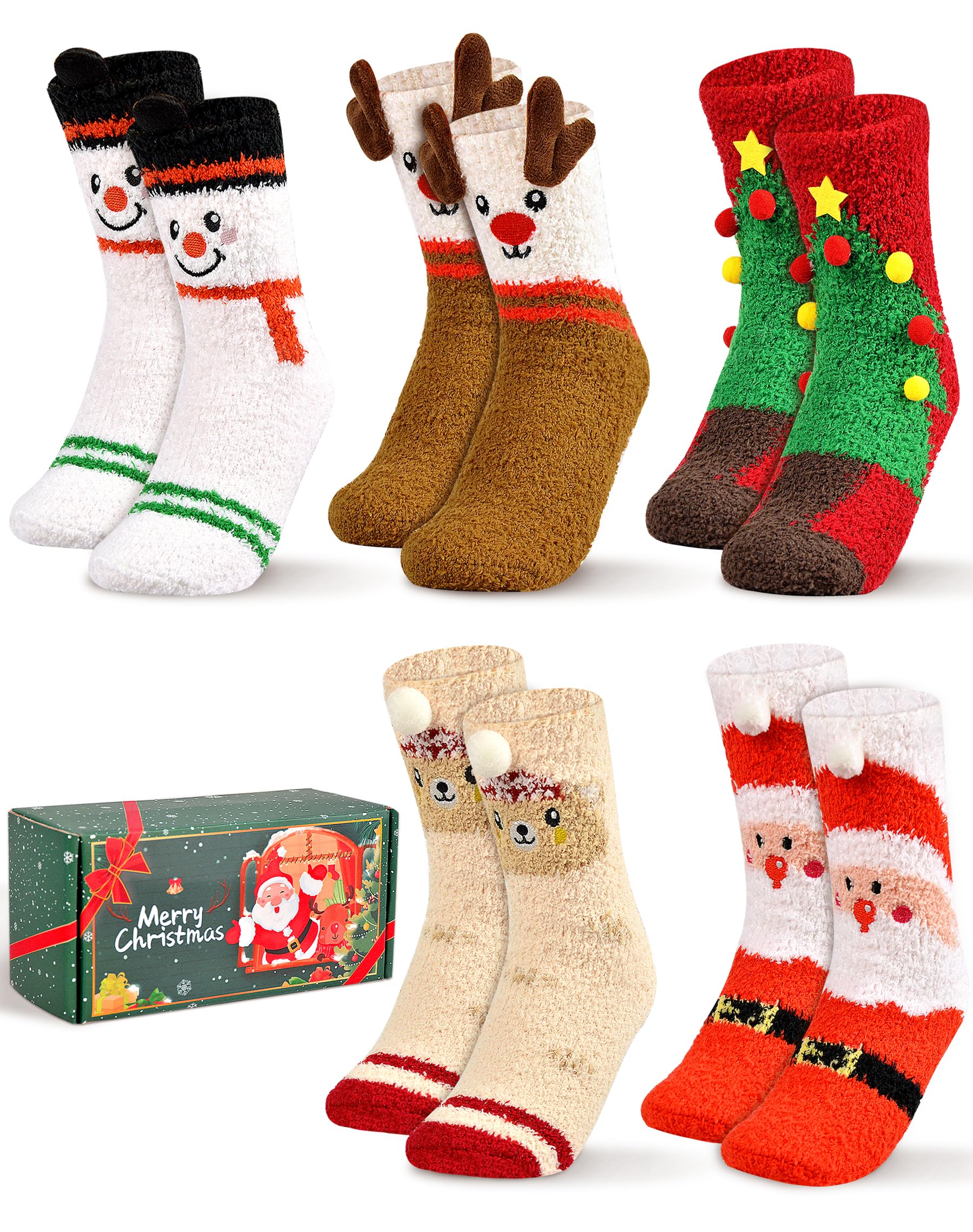 Gofriipai - Calcetines mullidos de Navidad para mujeres y niñas, 5 pares de calcetines lindos con caja de regalo de Navidad