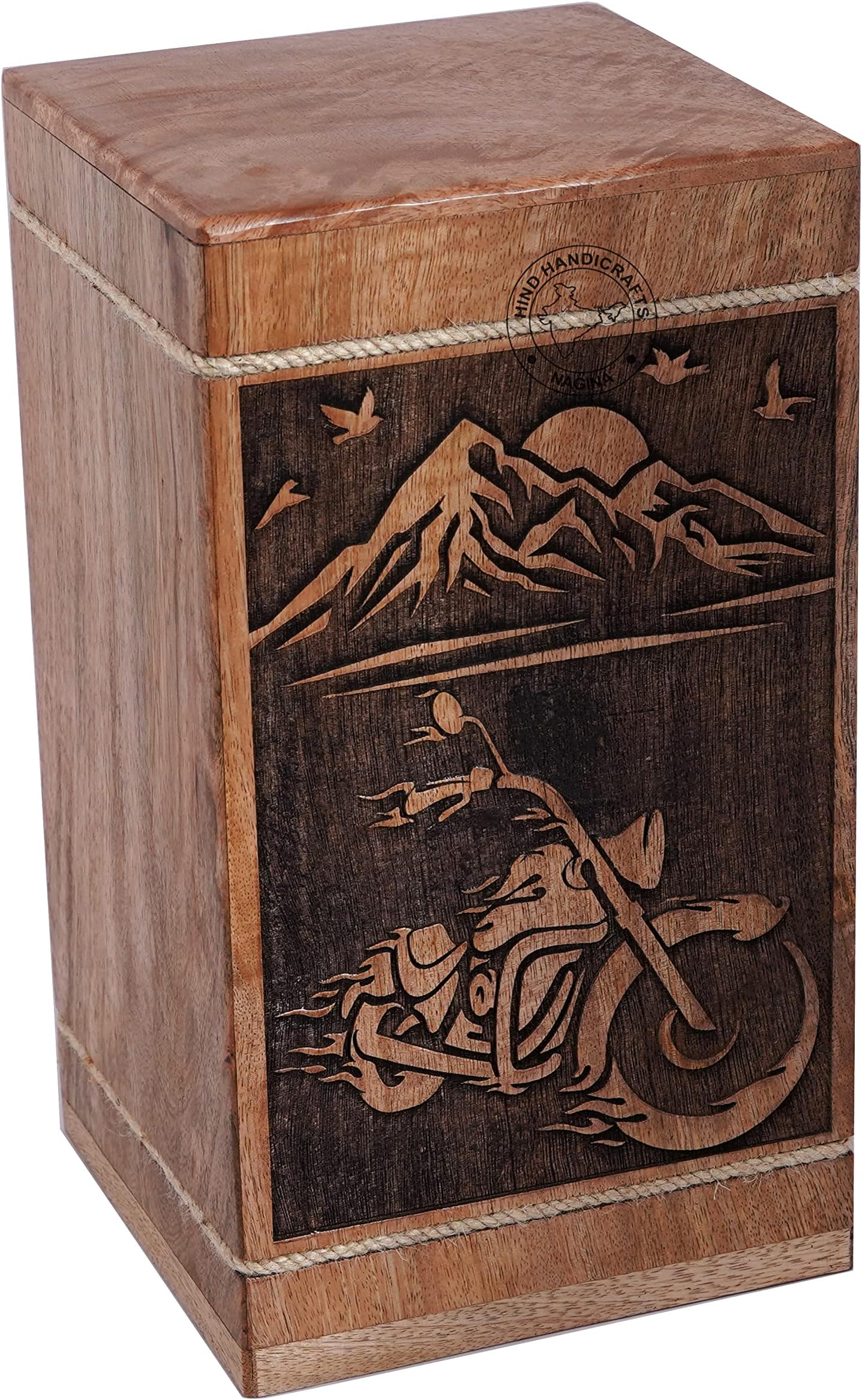 HIND HANDICRAFTS Hand-Carved Wooden Motorcycle Cremation Urn | Memorial Ashes Box for Adults | Rustic Burial Casket (250 Cubic Inches)