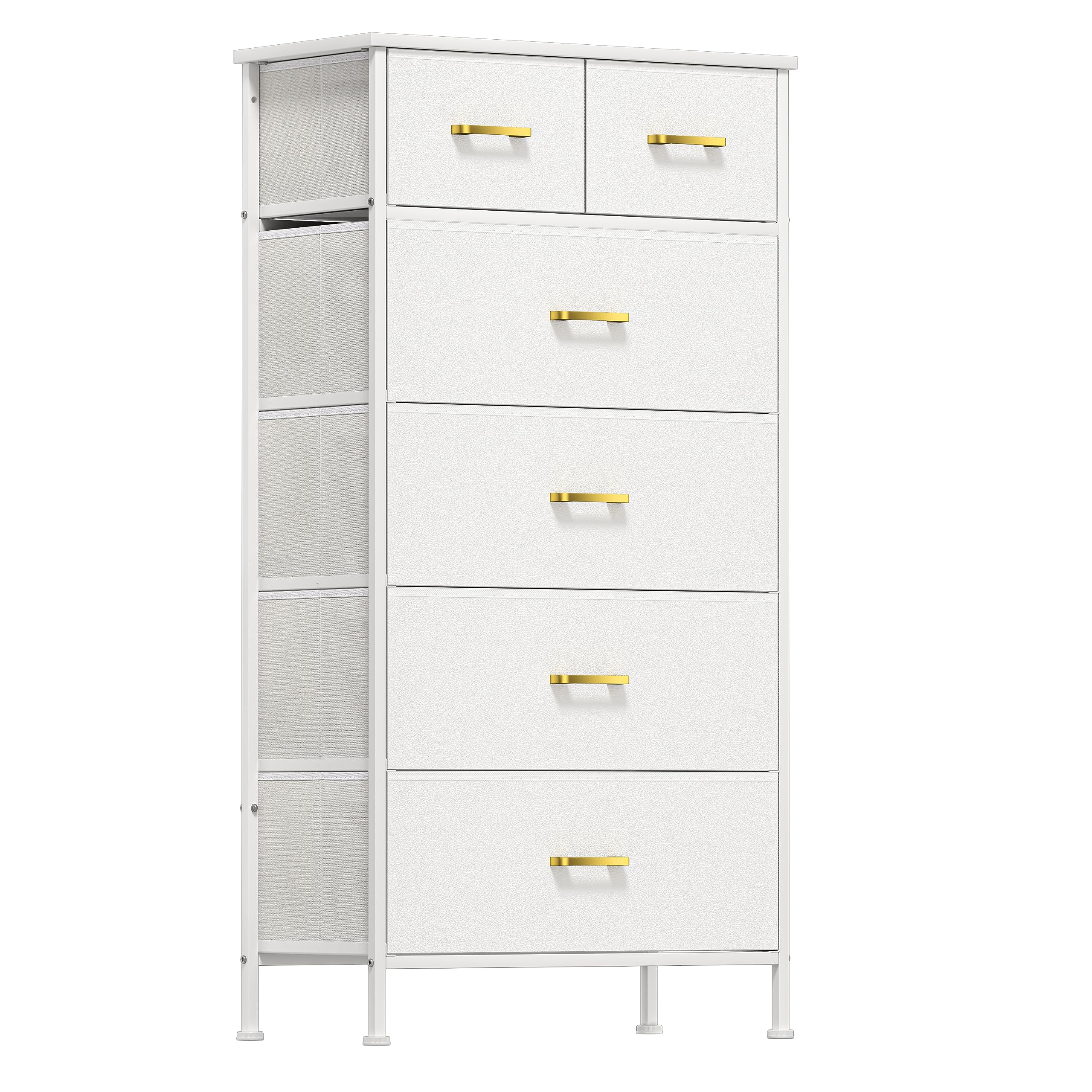 YILQQPERTall Dresser for Bedroom with 6 Drawers, Storage Tower White Dresser for Closet, Living Room, Nursery, Office, Chest of Drawers with Metal Handle, Leather Front, Wood Top, Glacier White