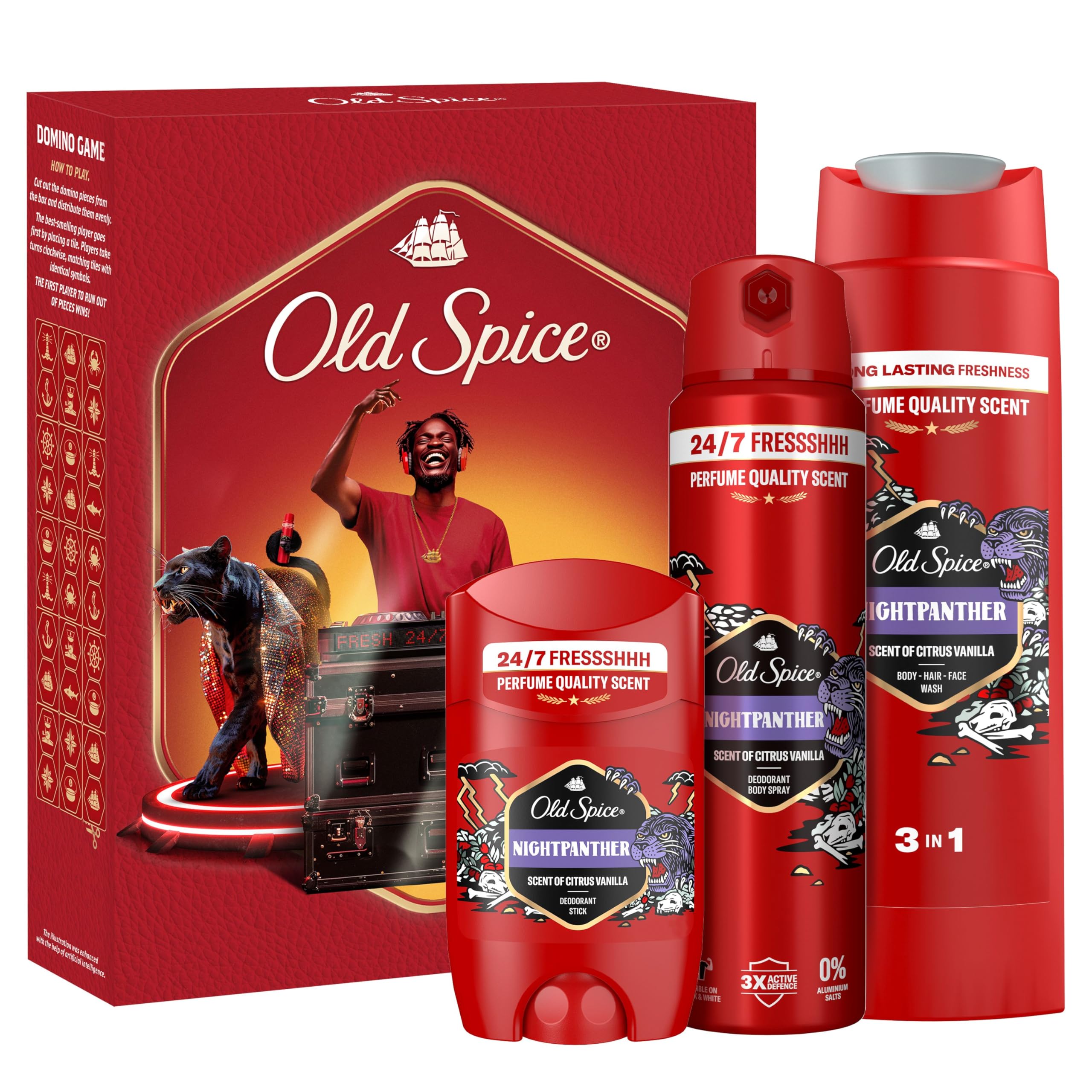 Old Spice DJ Gift Set with Nightpanther Deodorant Stick, Spray and Shower Gel, 24/7 Fressshhh with Daily Use, Long Lasting Perfume Quality Scent