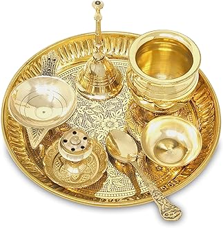 BENGALEN Brass Pooja Thali Set 6 Inch Puja Thali with Pital Plate Kalash Spoon Chandan Wati Dhup Dan Diya Ghanti Arti Thali for Diwali Home Office Mandir Wedding Return Gift Items