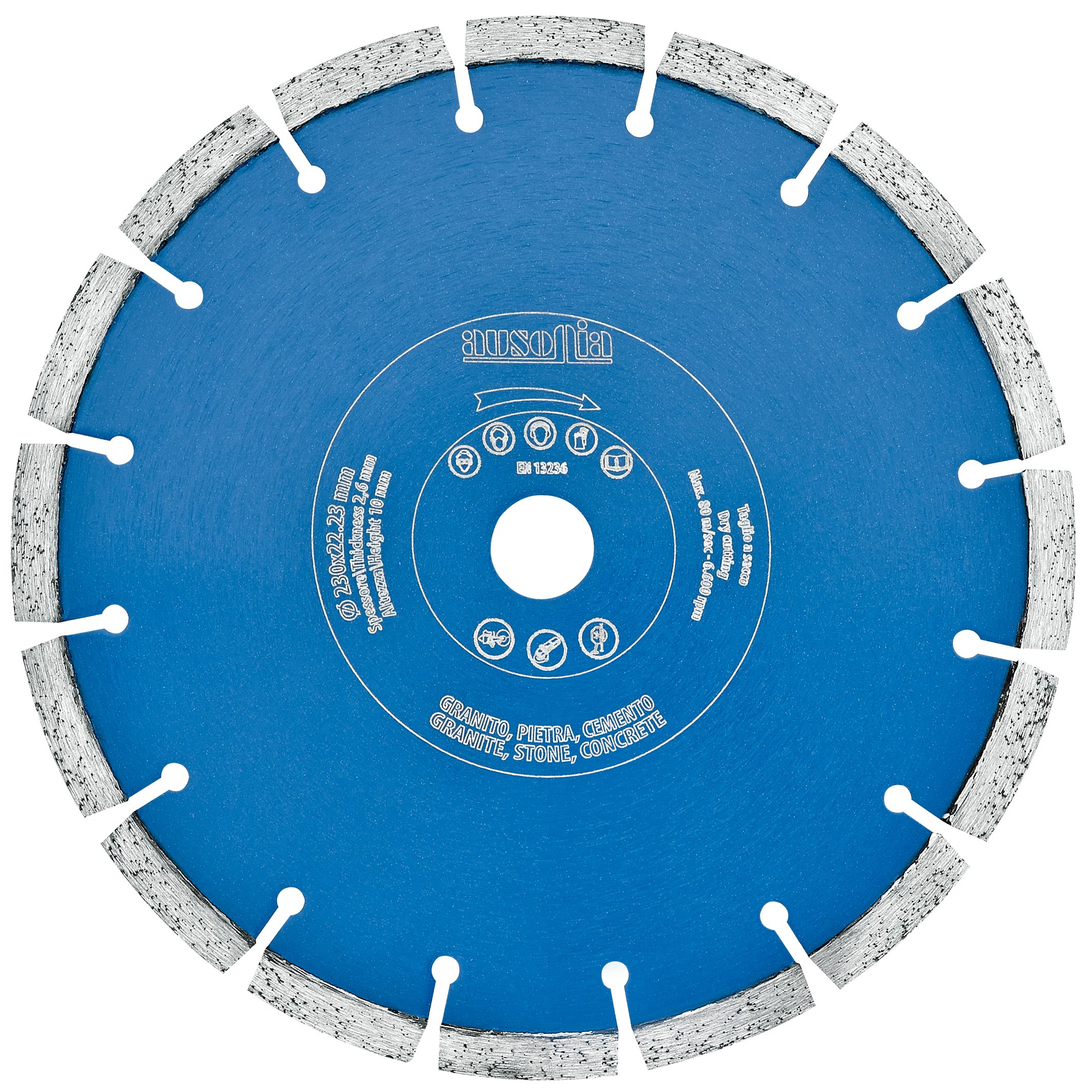AUSONIA - 50205 DISCO DE CORTE DIAMANTADO PROFESIONAL PARA GRANITO, PIEDRA, CEMENTO ARMADO Y HORMIGÓN DE 230 MM, ALTURA DE 10 MM, AGUJERO DE 22,2, GROSOR DE LA CORONA DE 2,6. CORTE EN SECO