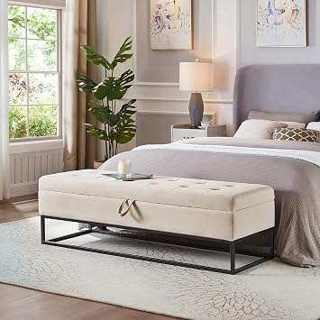 58" Velvet Storage Bench Button Tufted Ottoman Upholstered Entryway Bench Modern Bedroom for Queen/King Size Bed Foot End Seat Black Base Metal Frame Beige