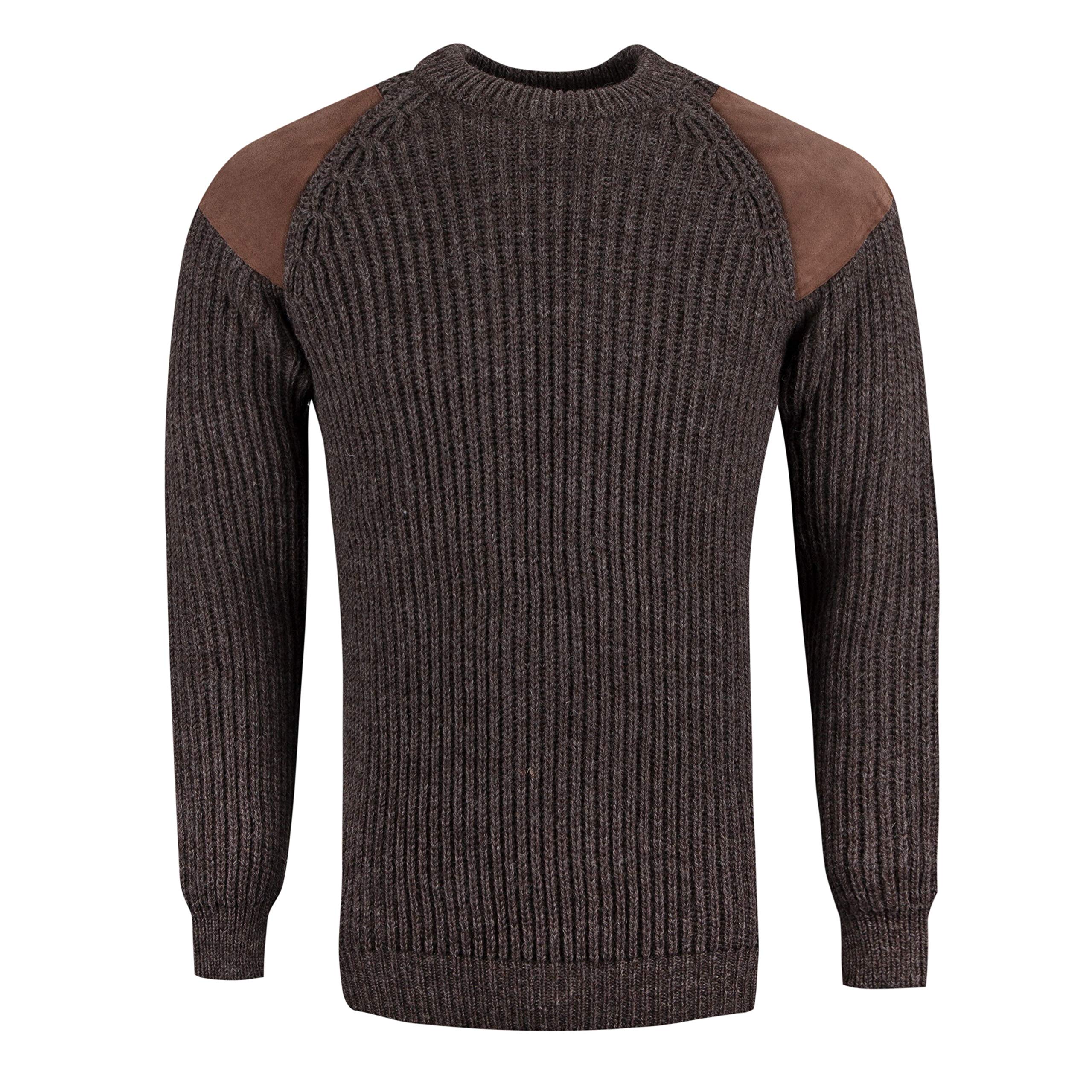 British Wool Pure Countryman Patch Crew Neck Arran Jumper - Made in UK (Brown, Large)