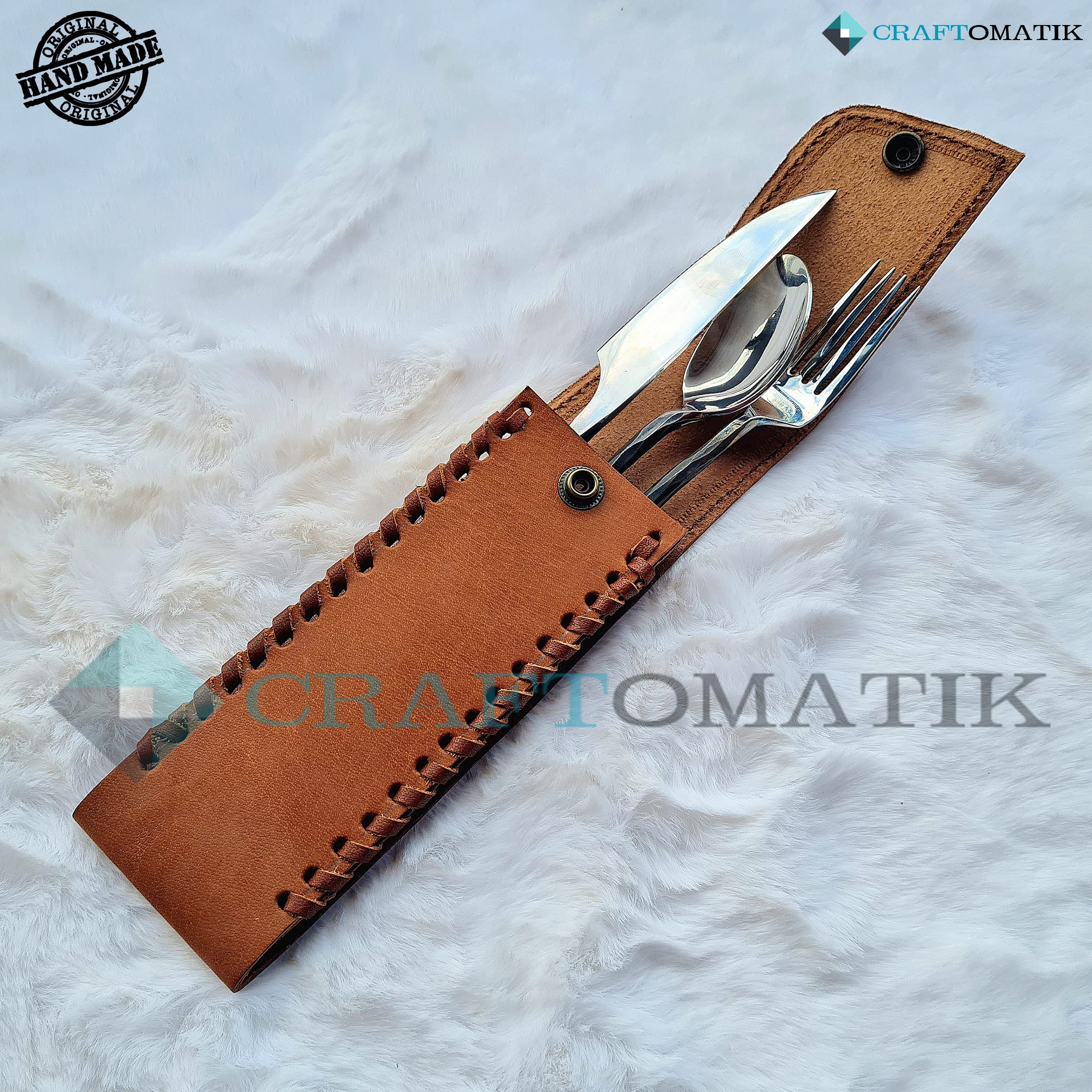 Handgeschmiedetes Besteckset im Mittelalterlichen Stil | 3-teilig (Messer, Gabel, Löffel) mit Ledertasche | Küche, Camping & Grill Geschenkset | HFTC04x