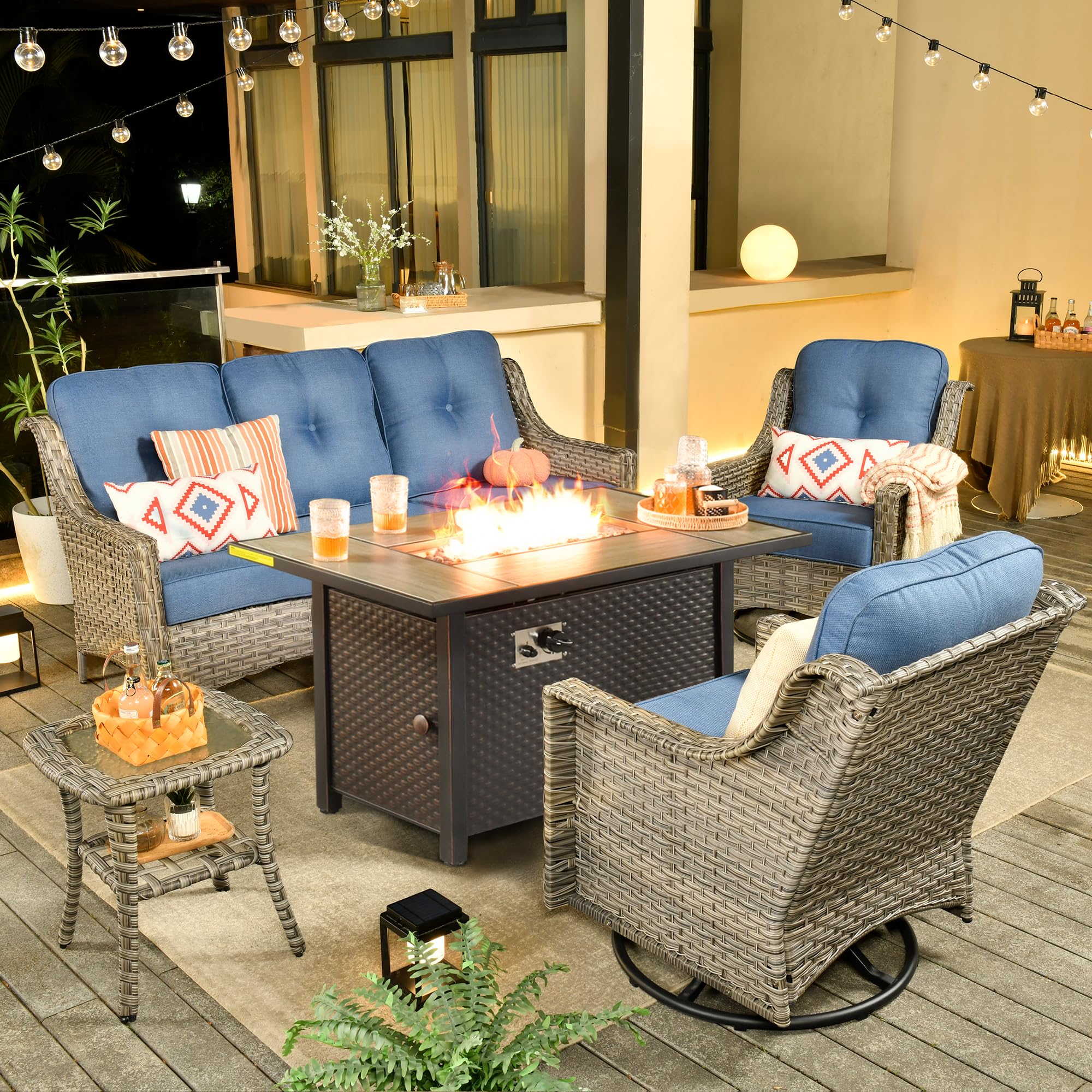 ovios Outdoor 5 Piece Patio Furniture with Fire Pit Table,Wicker Coversation Set with Swivel Rocking Chair,Comfy Sectional Deep Sofa for Outside Porch