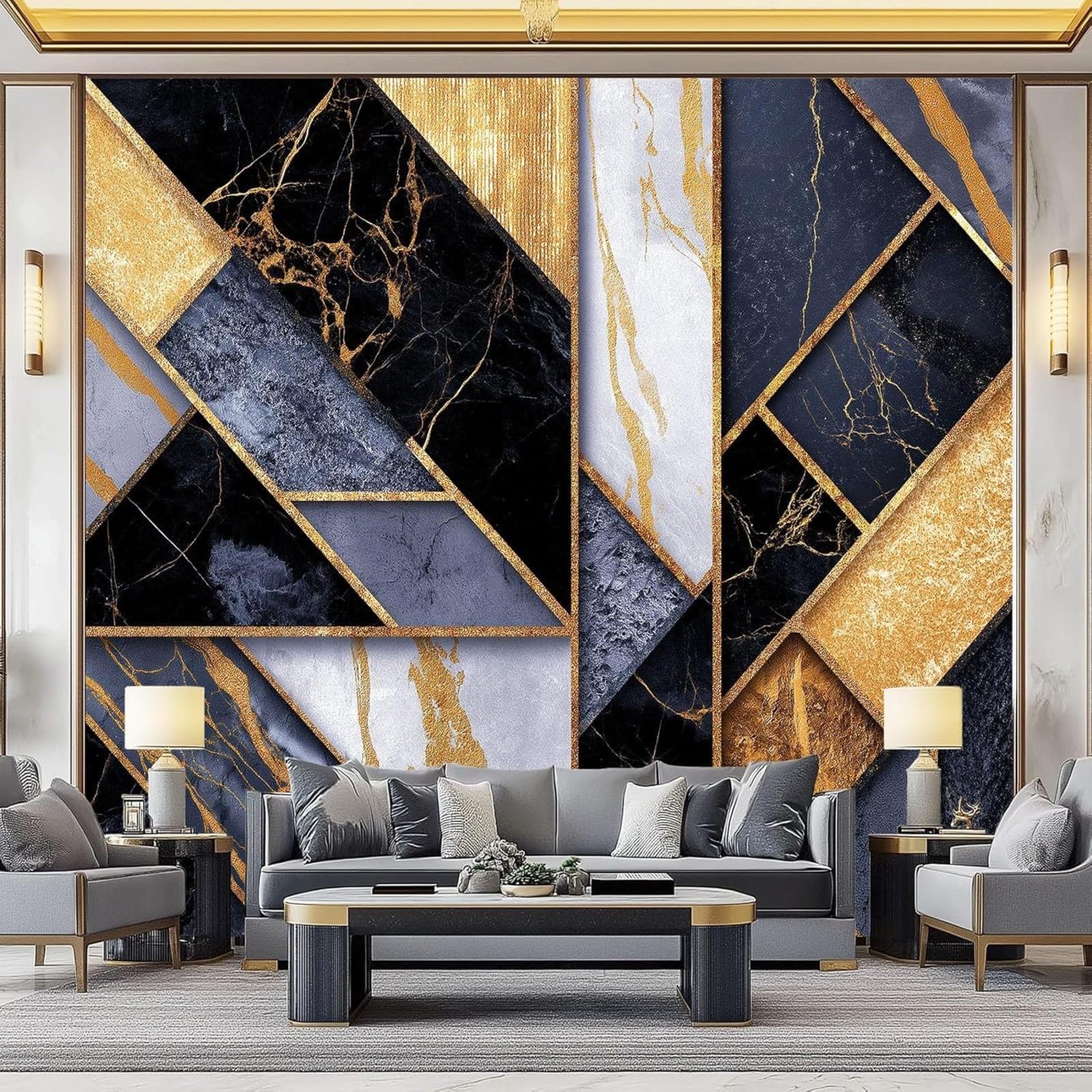 Papel pintado 3D con foto, diseño geométrico de mármol, papel pintado no tejido con imágenes 3D para sala de estar y dormitorio, 200 cm x 140 cm.