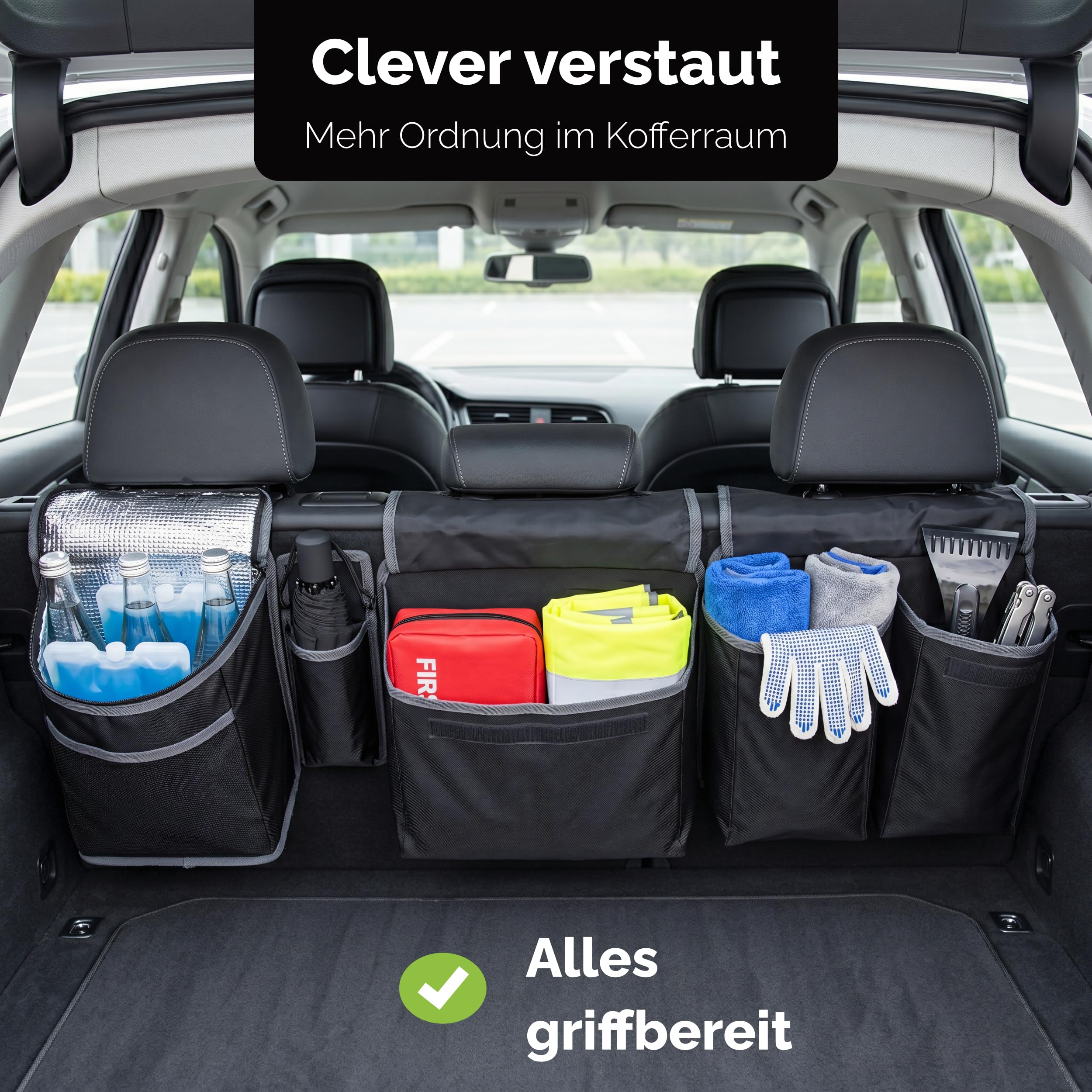Vicera Auto Kofferraum Organizer mit Klett • Kofferraumtasche Auto mit teilbaren Modulen - Auto Organizer Kofferraum mit integrierter Kühltasche • Autoorganizer für Aufbewahren & Verstauen