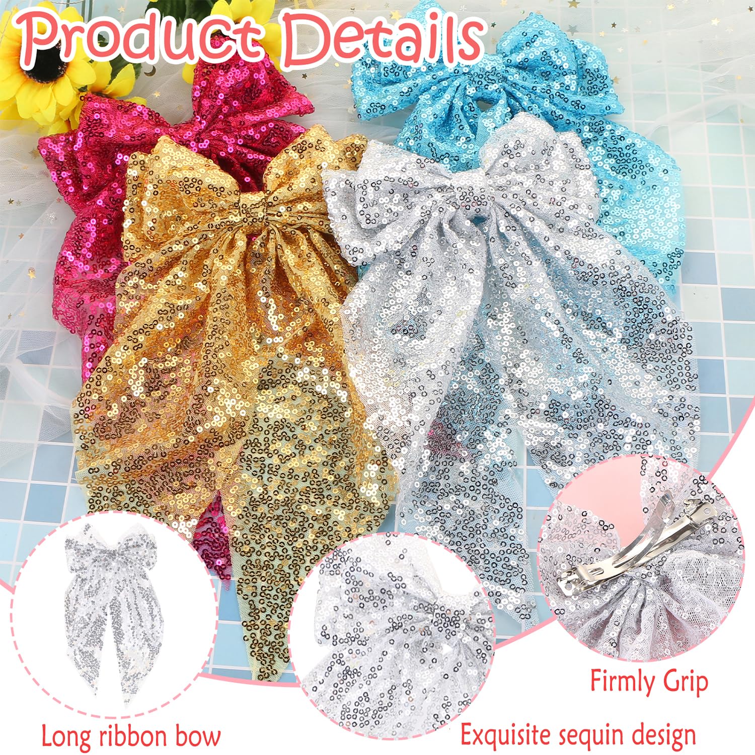 2pcs Sequin Bow Hair Bow Tie Big Glitter Bow Hair Clips,UHOMENY Bow knot Hair Styling Clips Hair Barrettes Wedding Hair Clips Double Bow Sparkly Large Ribbon Headdress Hair Accessories (Silver - Image 3