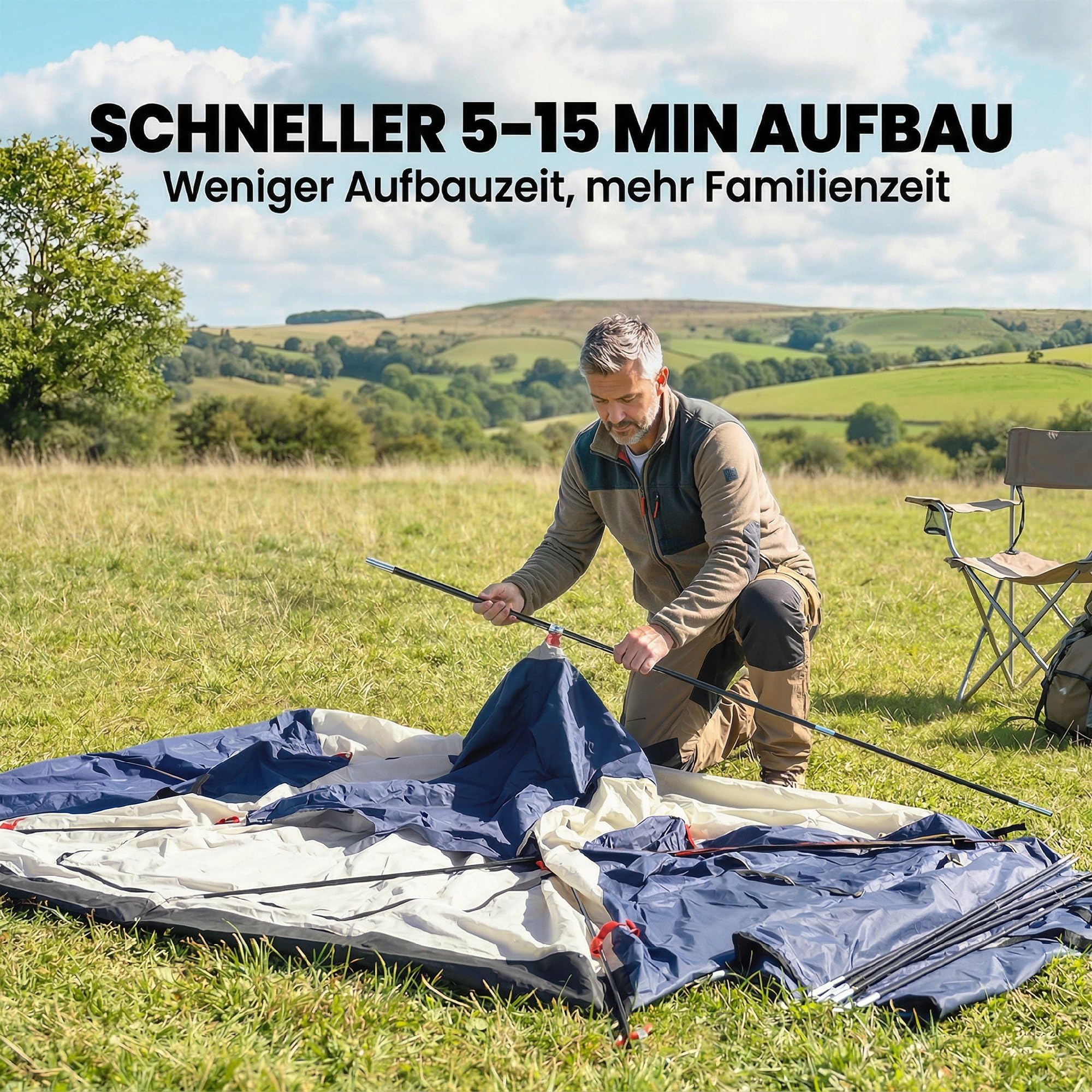 Outsunny Tunnelzelt 4 Personen Familienzelt mit Schlaf- und Wohnzimmer Fenstern Bodenplane Stehhöhe 3000 mm Wassersäule, wasserdicht Campingzelt mit Tragetasche Camping Zelt Marineblau+Cremeweiß