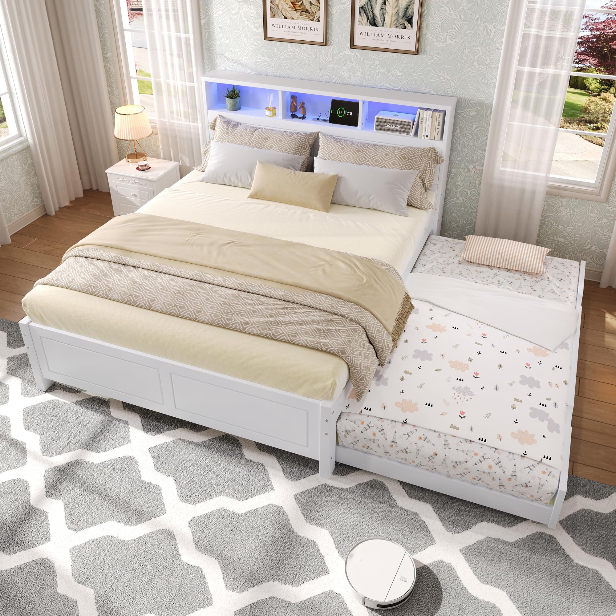 Letto matrimoniale, letto piatto, letto familiare, con strisce luminose ambientali, presa di ricarica integrata, con letto estraibile, vano testiera, telaio in pino + MDF, bianco, 120 x 200 e 90 x 190