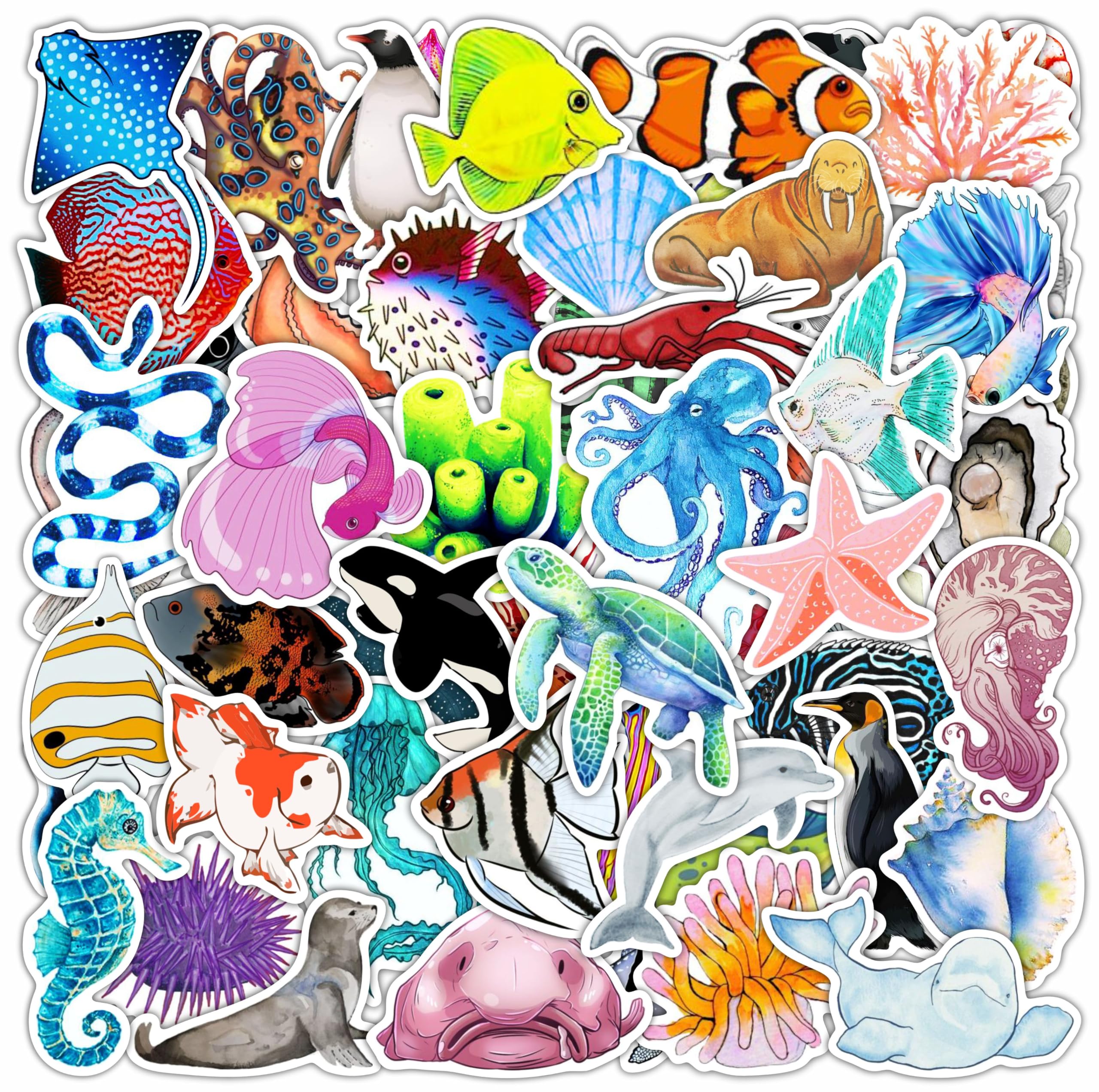 BulbaCraft 100Pcs Ocean Animal Stickers, Ocean Creature Stickers for Water Bottles, Under The Sea, Whale, Fish, Shark, Seashell, Dolphin Laptop Decals