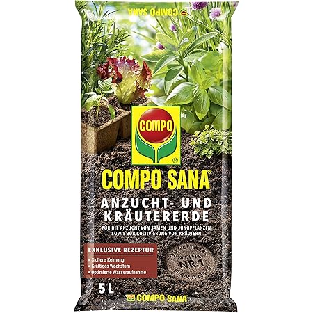 COMPO SANA Anzucht- und Kräutererde mit 6 Wochen Dünger für alle Jung- und Kräuterpflanzen, Kultursubstrat, 5 Liter