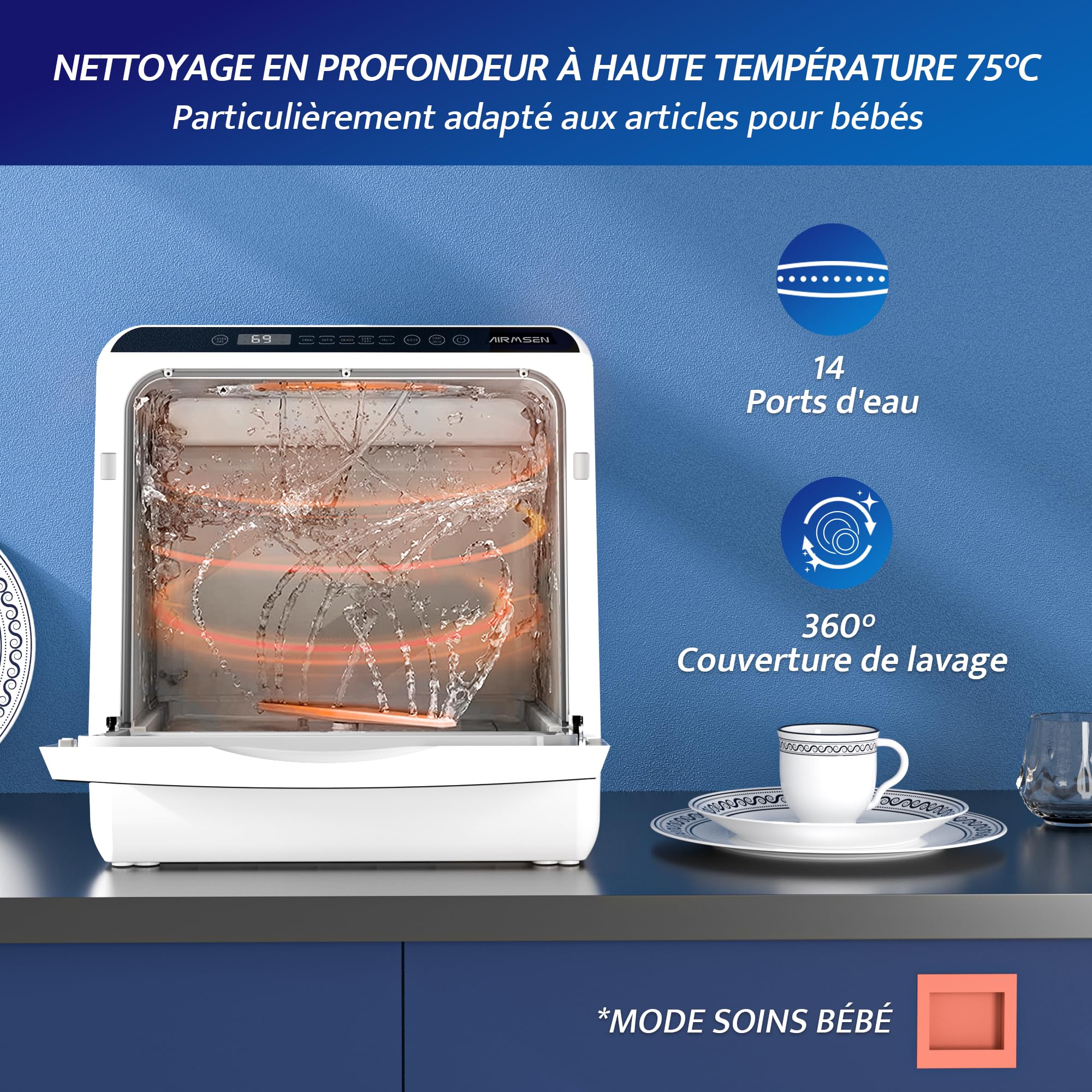 AIRMSEN Mini Lave-Vaisselle de Comptoir, 5+1 Programmes, Réservoir 5L, Contrôle Tactile, Écran LED, Blanc et Noir