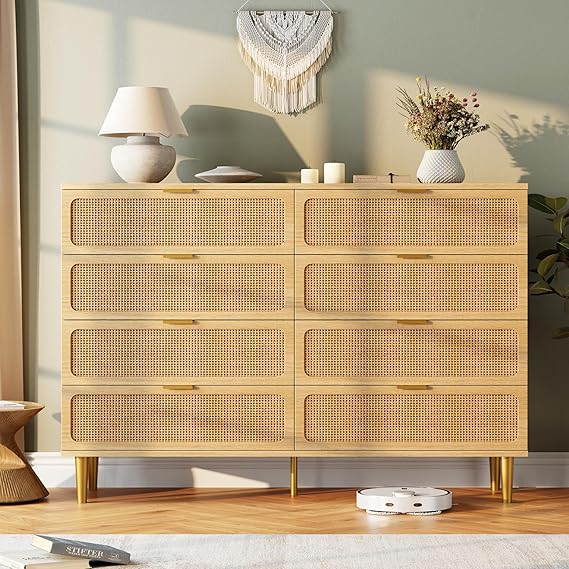 Rattan 8 Drawer Dressers for Bedroom, Tall Dresser with Deep Drawers, Large Chest of Drawers for Closet with Wide Top, Long Wooden Dresser for Living Room, Hallway, Kids Room, Natural