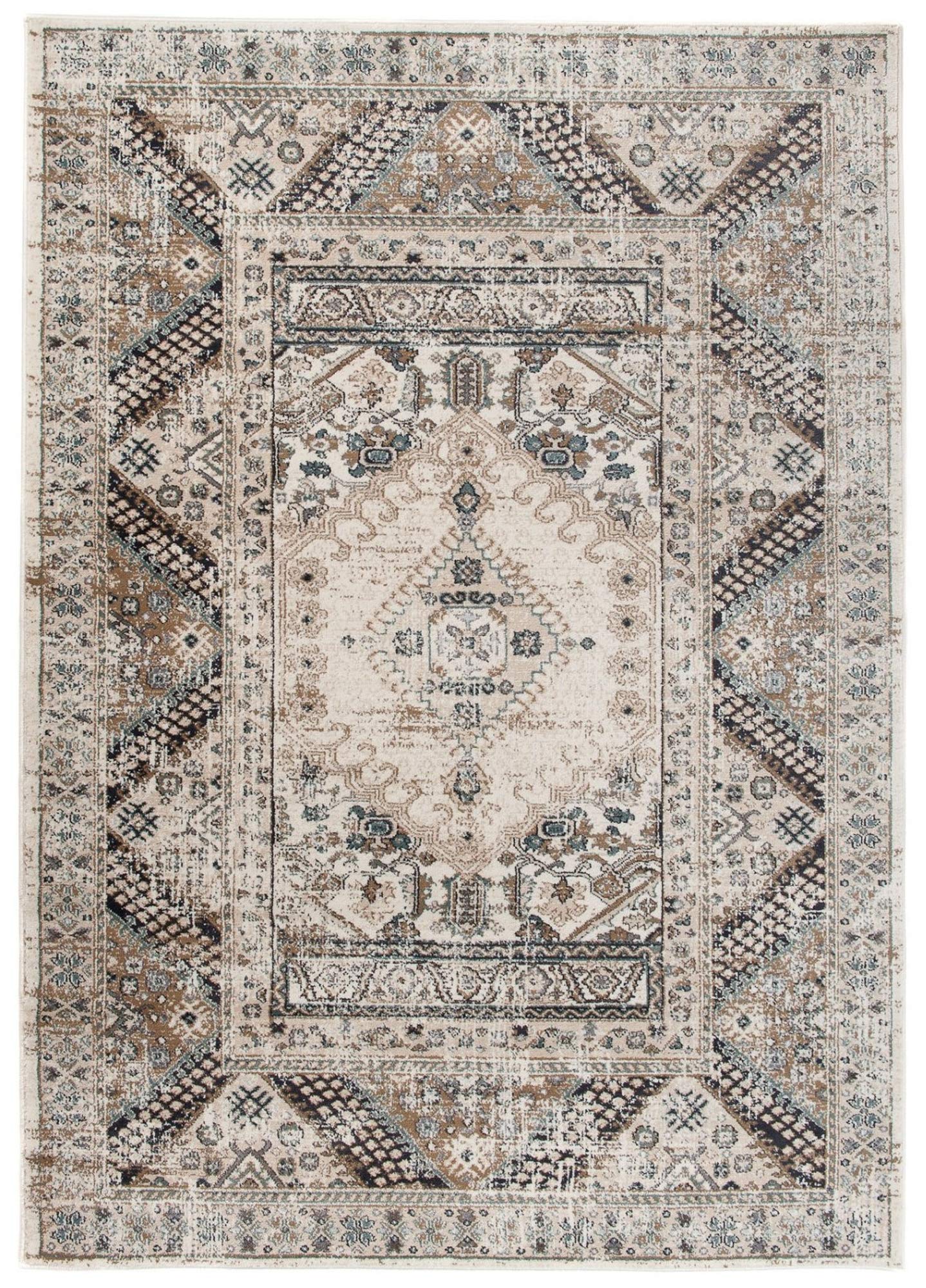 TAPISO Dubai Tapis Poil Court Traditionnel Crème Beige Bleu Motif Vitre Ornamental Bordure Moucheté Tapis Salon Chambre Salle à Manger Bureau Oeko-TEX Résistant 140 x 200 cm