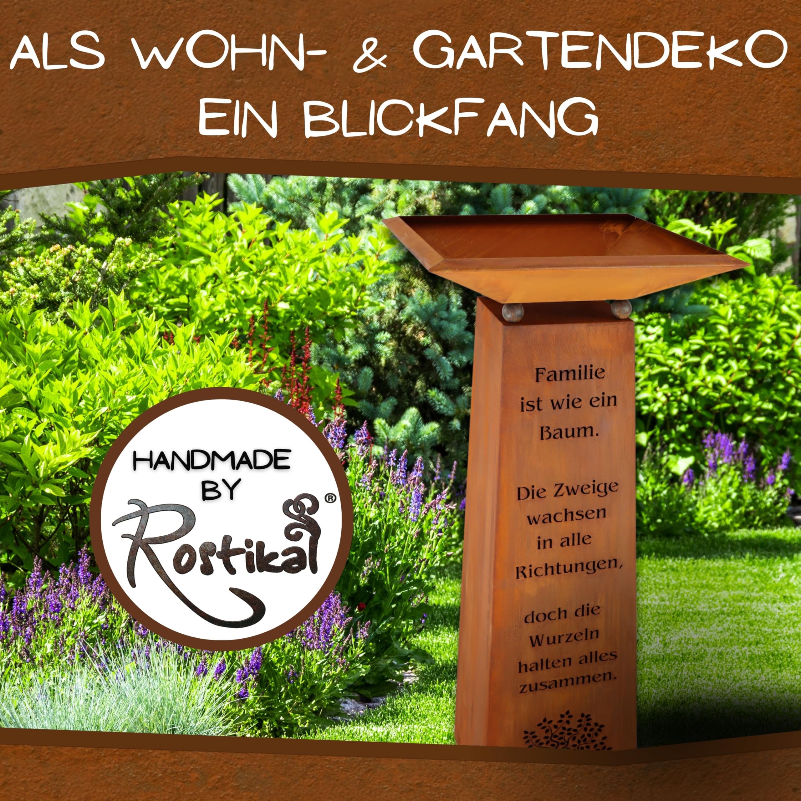 Rostikal Edelrost Gartendeko Säule 1,15 m Familien Spruch mit Dekoschale Rost Wohndeko (Schale 50 x 50 cm)