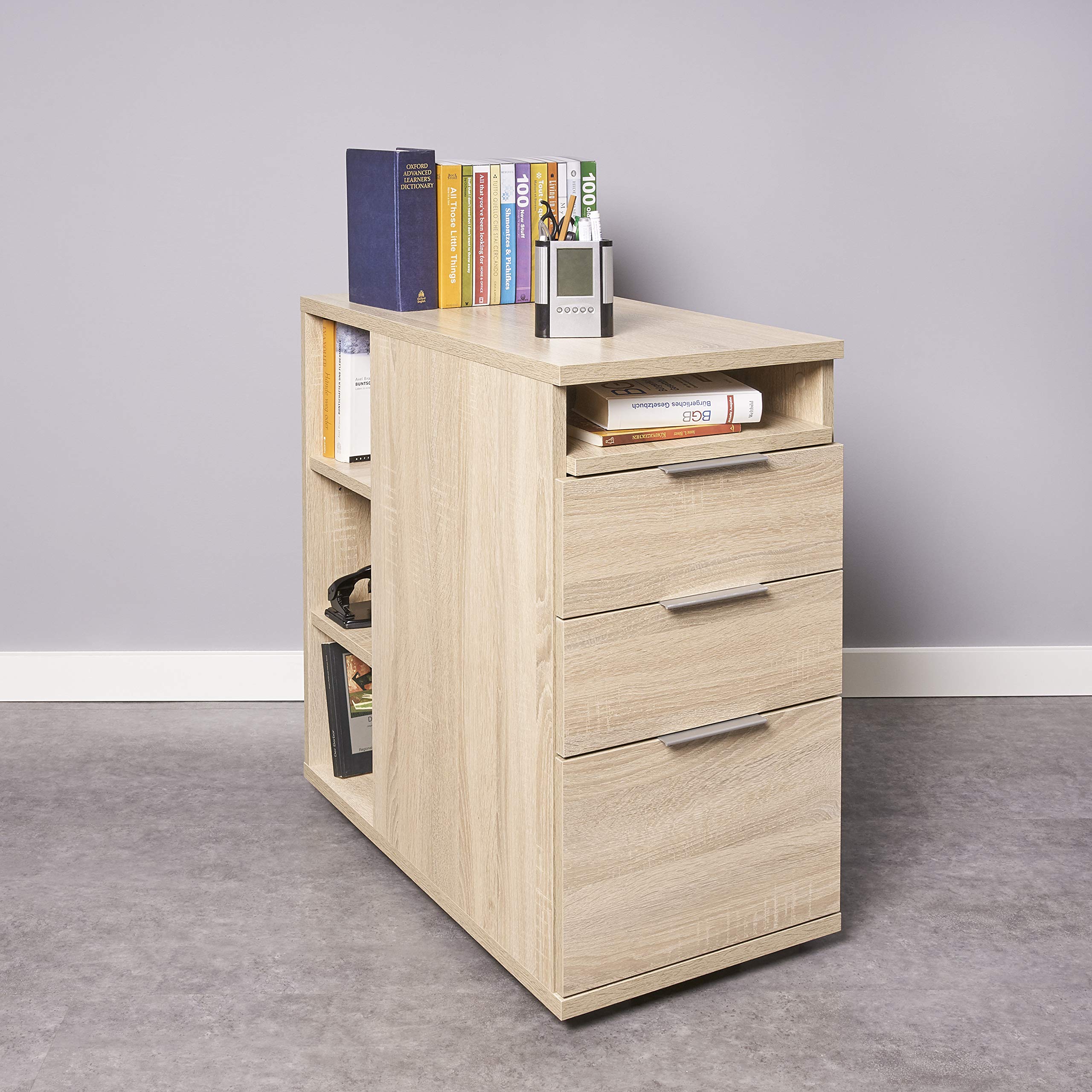 mutatio Schubladenschrank Container mit Schubladen 40 cm x 75 cm x 75 cm Bürocontainer Sonoma Eiche Beistellschrank Für Schreibtisch Nachttisch Unterschrank Büromöbel Nachtkommode