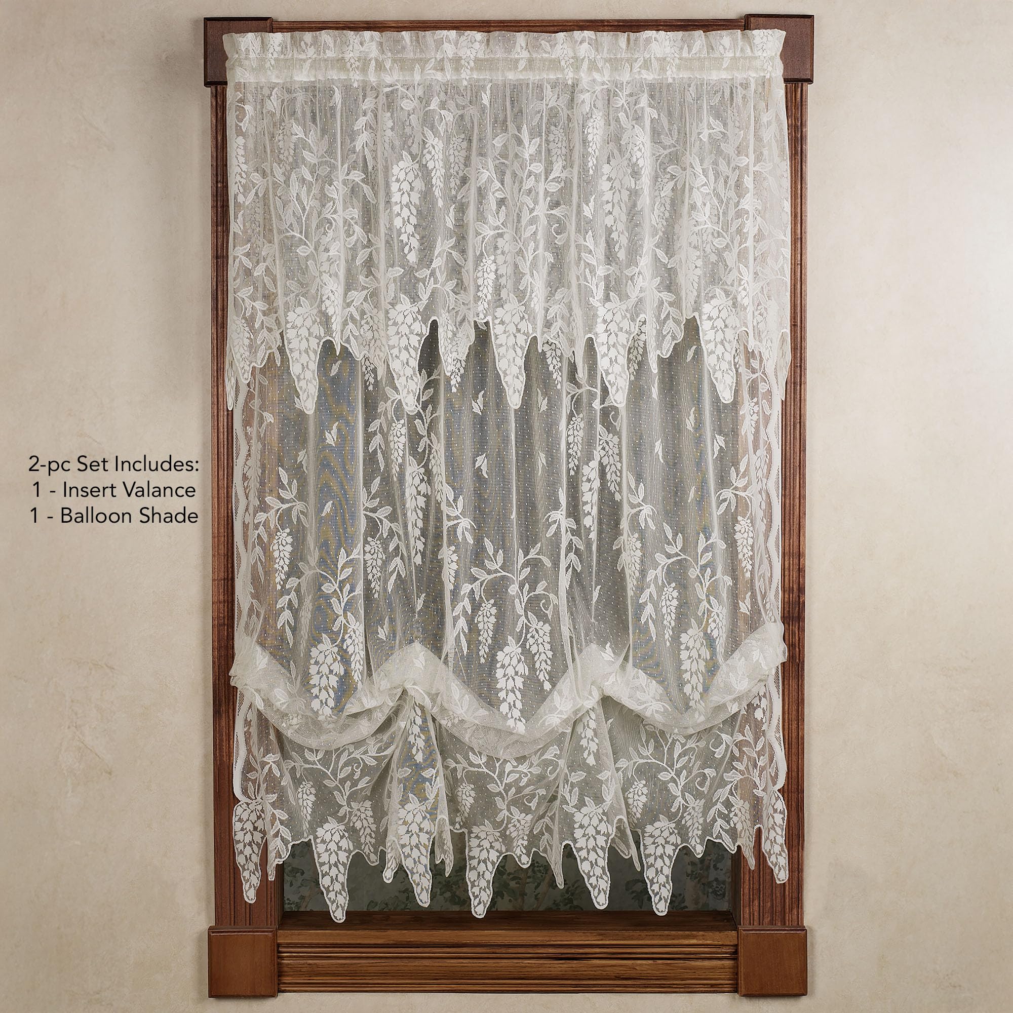 Luxury Sheer Polyester Wisteria Arbor Lace Window Treatment | 2 Piece Set Balloon Shade, Insert Valance | Classic | Ivory | Elegance Charm | Rod Pocket Curtains | Machine wash | Light Filtering
