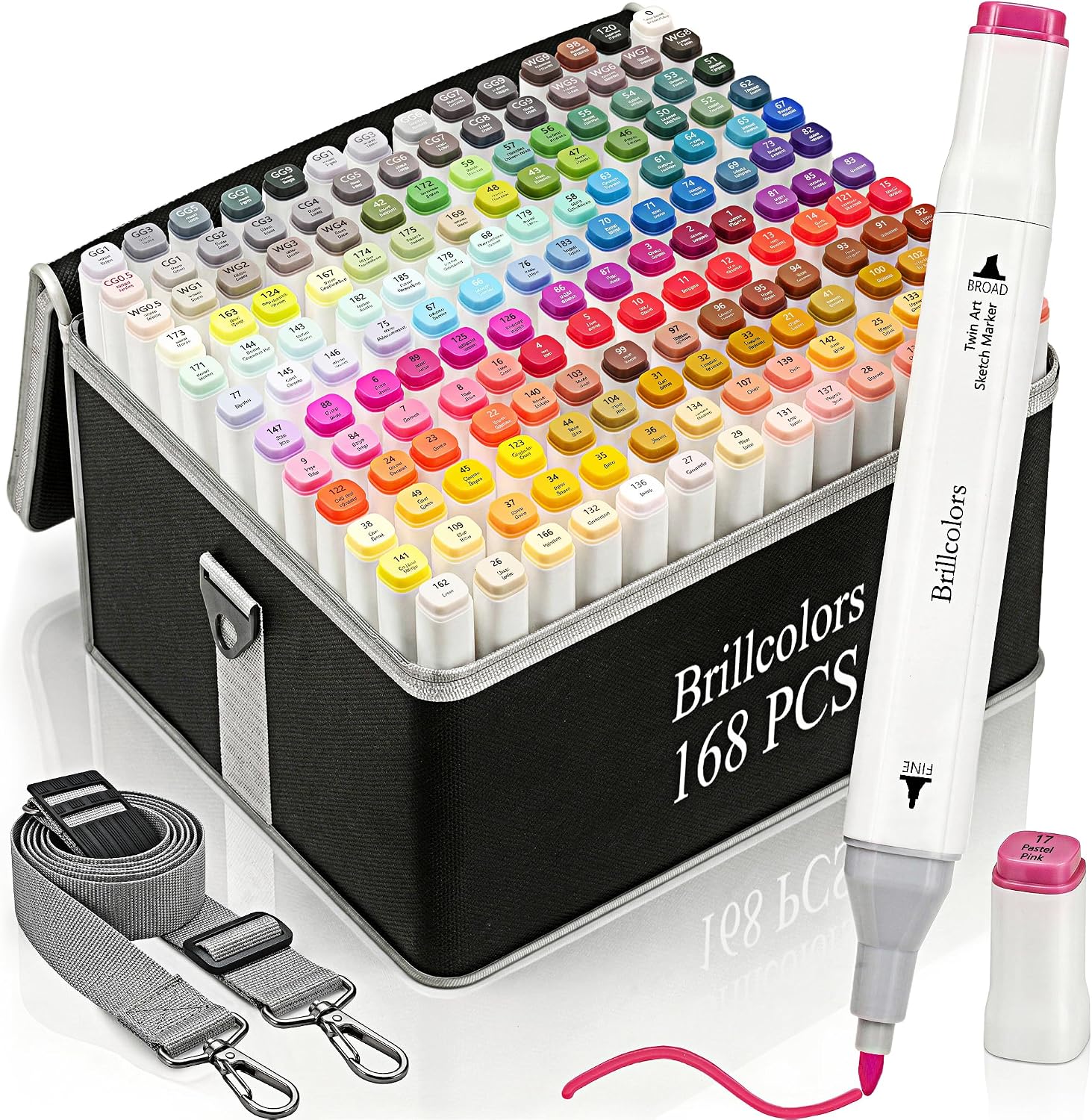 Brillcolors 168 Colors Alcohol Markers Set with Base Dual Tip Drawing Markers for Comics Coloring Sketching Illustration (168 White) -Refillable
