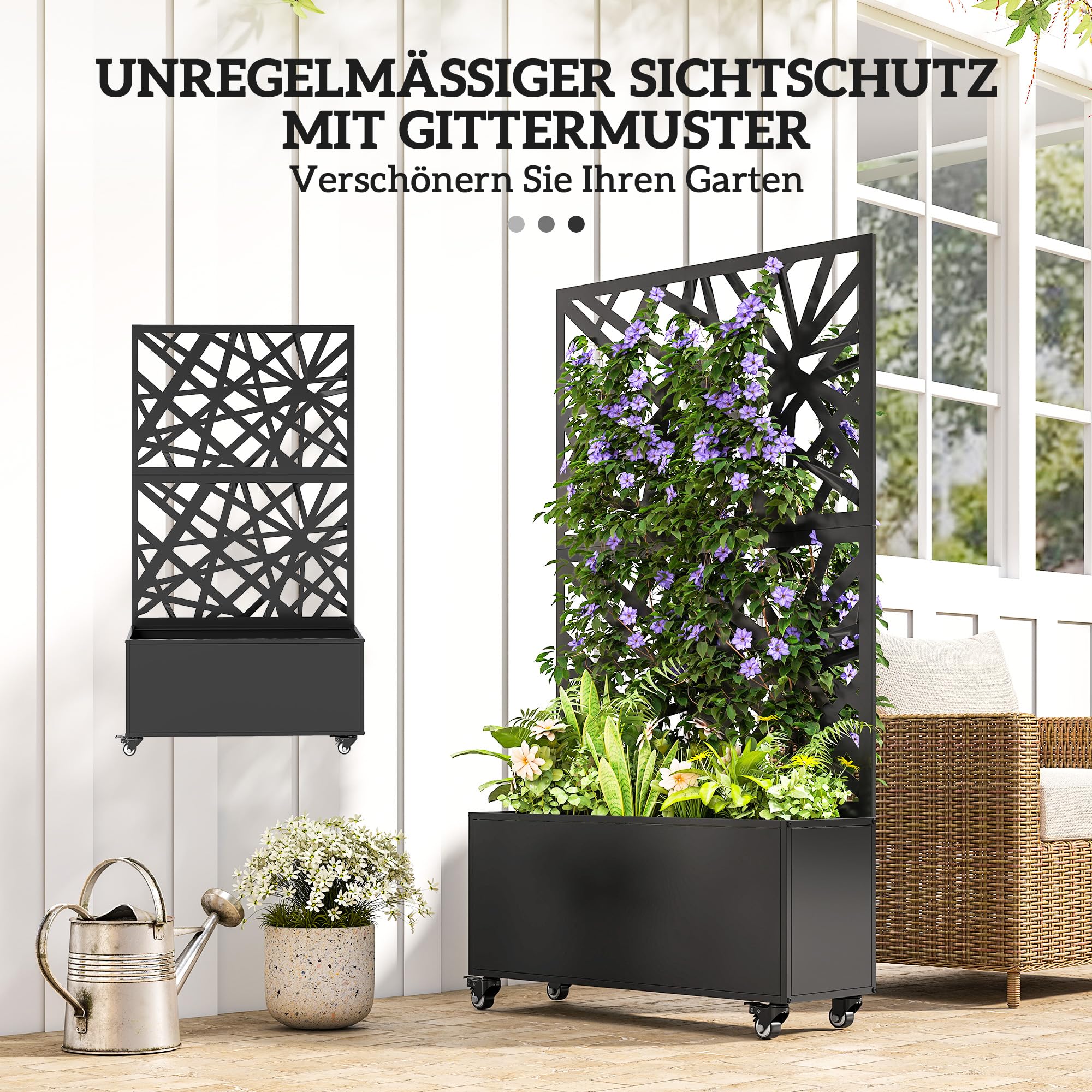 Outsunny Blumenkasten mit Sichtschutz Rankgitter 90 x 30 x 160 cm Schwarz | Pflanzkasten, Rolle, Pflanzkübel aus Metall, Blumenkübel, Rankkasten, Rankhilfe, für Garten, Balkon, Terrasse