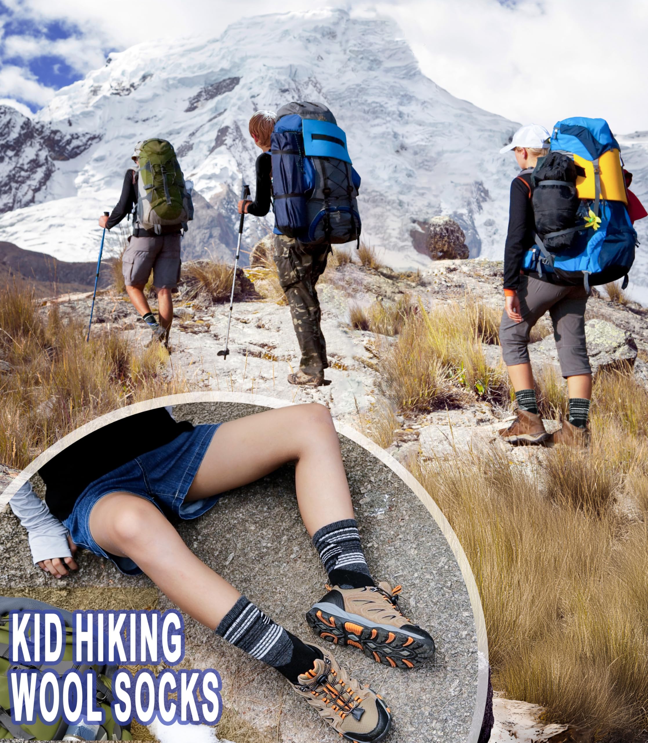 Yebing Kids Merino Wool Hiking Socks Boys Girls Toddlers Winter Warm Thermal Thick Cushion Boot Crew Gift Socks 6 Pairs Splicing Color,8-12 Year Old