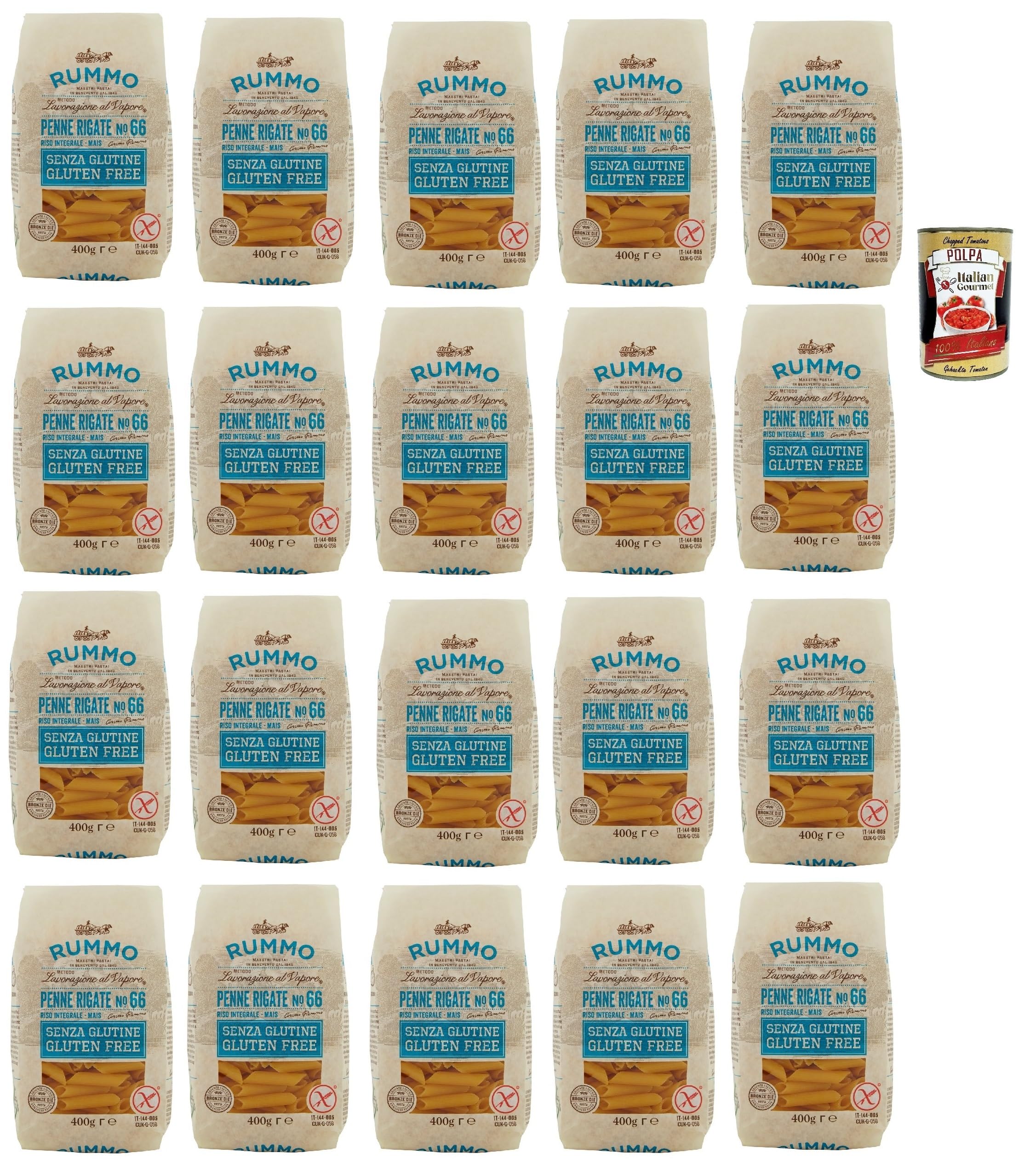 Italian Gourmet Pasta Penne Rigate N66 senza Glutine, glutenfrei 20 x 400g | Mais-Reis-Rezeptur, trafilata al bronzo, hält Biss und Sauce gut, ideale per, Gesamtnettogewicht 8 kg + Kostenlos Polpa 400g