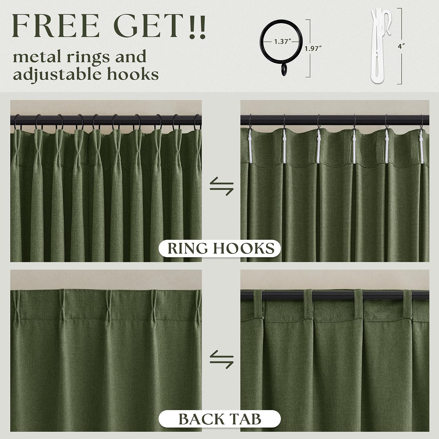 TWODRAPES Pleated Linen Olive Green Curtains 102 Inches Long 2 Panels image 4