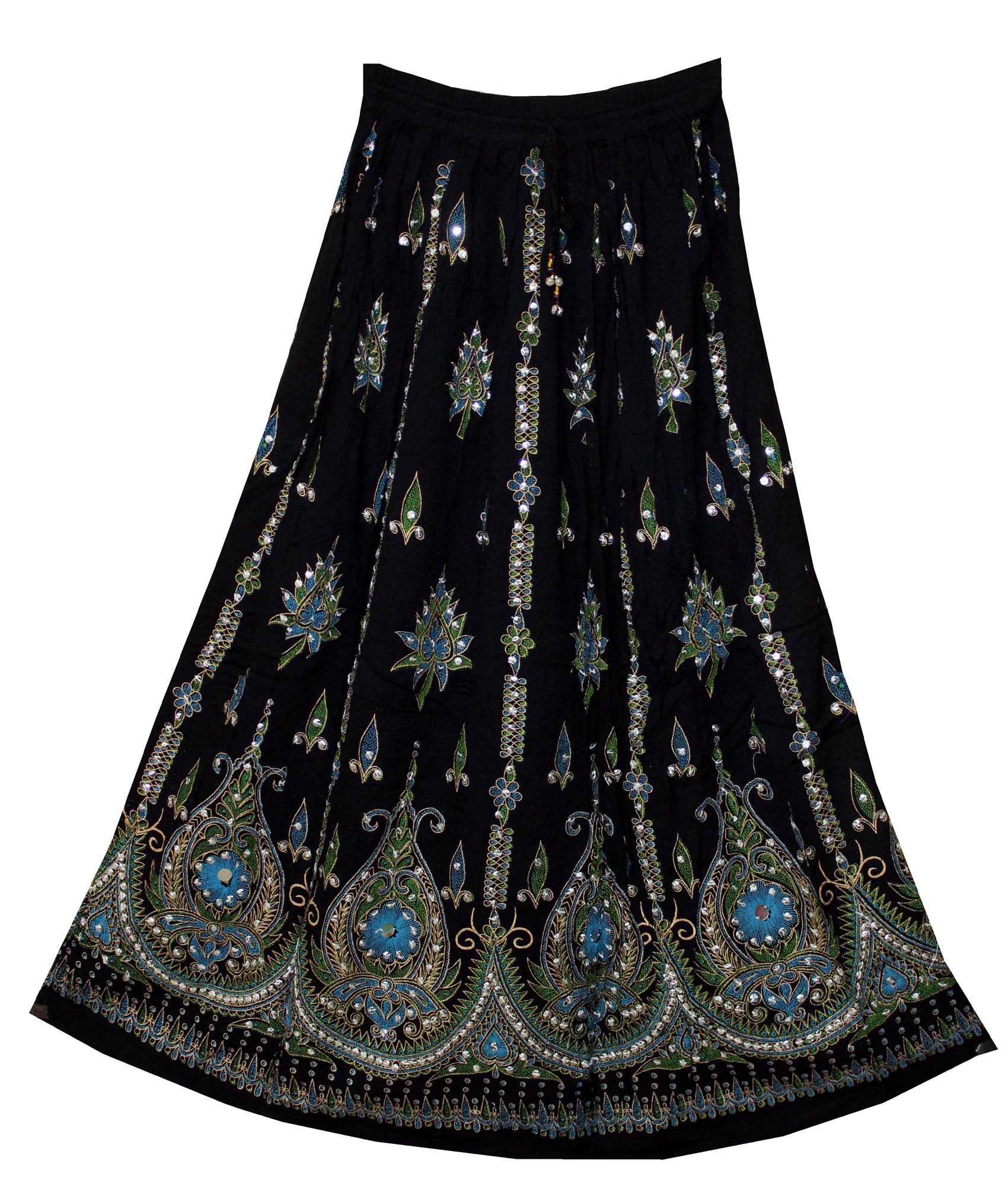 Fashion Of India Women's Black & Blue Long Bohemian Maxi Skirt - Gypsy Hippie Boho Chic Style Dress, Regular
