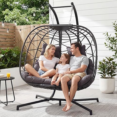 NICESOUL Double Egg Swing Chair with Stand, Oversized 2-Person Indoor Outdoor Hanging Hammock Chairs with Cushion, Wide and Large Comfy Loveseat, Sturdy Porch Swings for Outside, Dark Gray