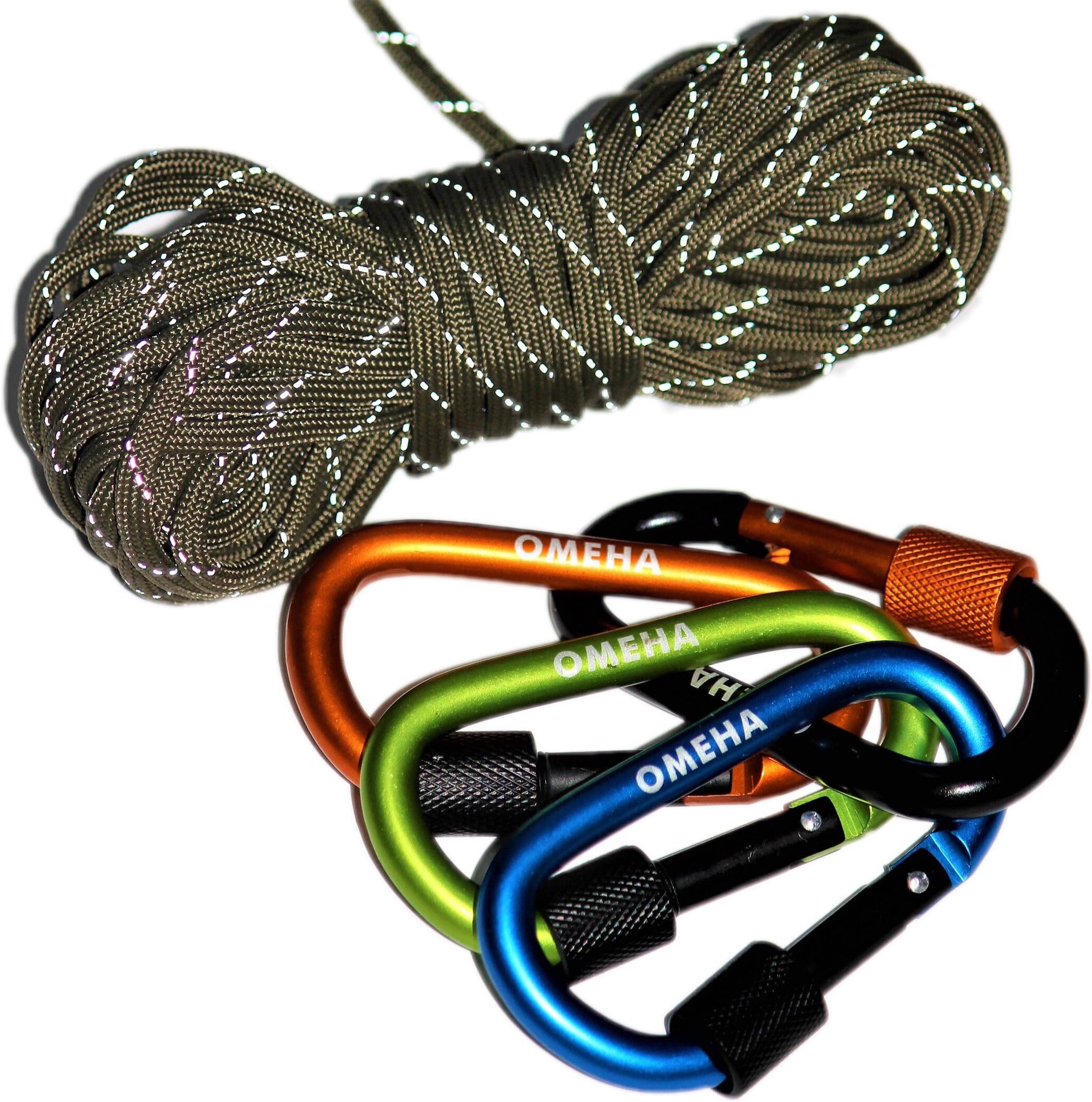 OMEHA Screw Locking Carabiner Clip D-Ring Shape Keychain For Bag, Survival, Hiking, Camping Trip, Fishing, 4pcs With 32ft Paracord Rope 550 - Very Tight