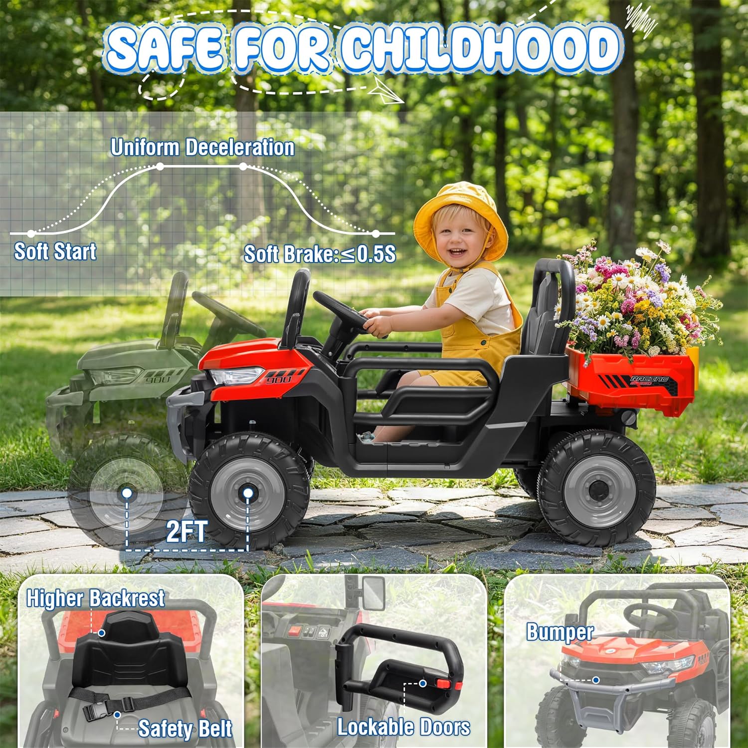 24V Ride On Dump Truck, 400W Power Ride On Toys w/Remote Control, 3 Speeds, Electric Dump Bed & Shovel, Shock Absorbers, Led Lights, Bluetooth & Gift Bow, Electric Car for Kids Toddlers, Red