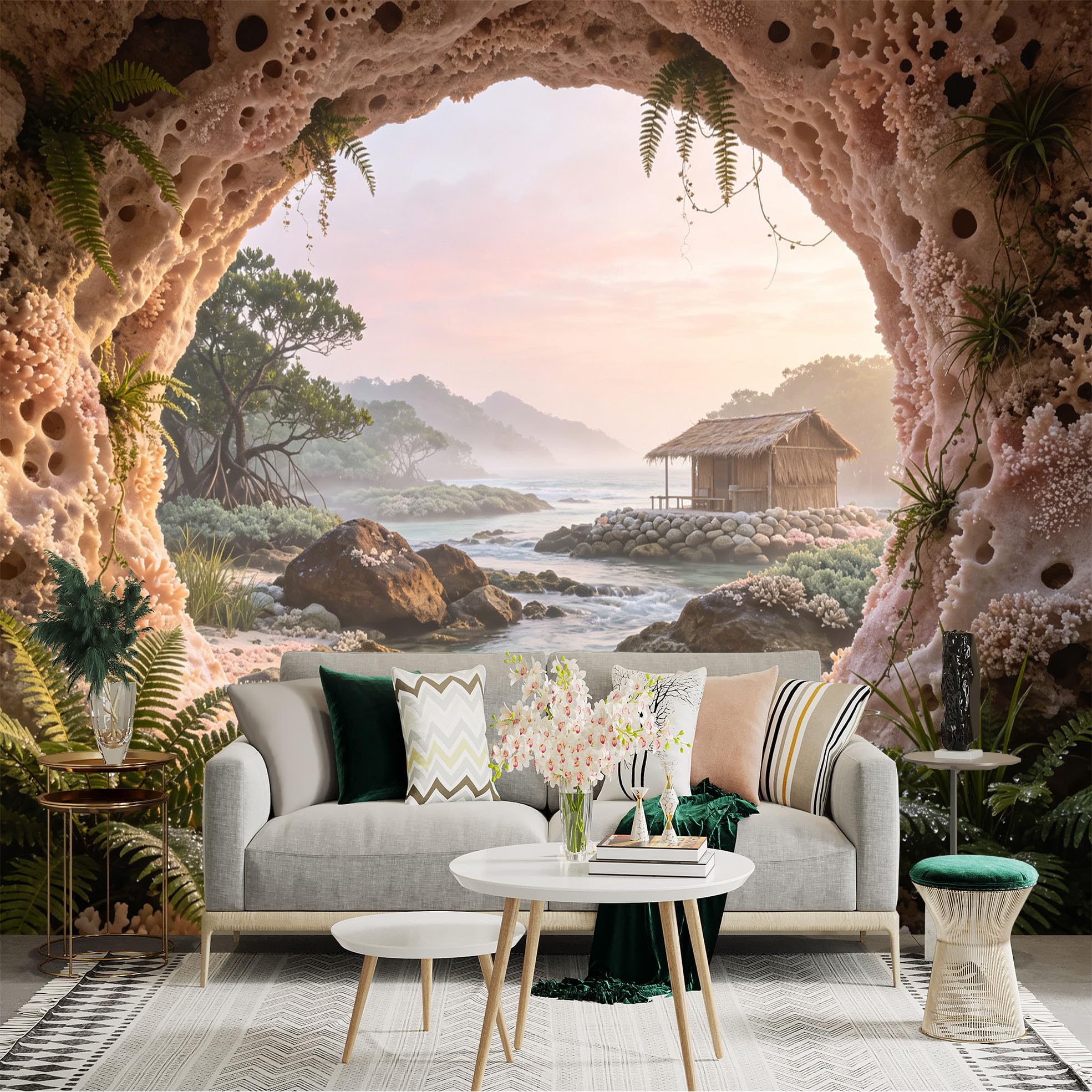 Custom Size Wall Sticker Mural， Tropical Beach with Coral Cave， Hut and Ocean View， for wall Decoration， peelandstick wall Decals.