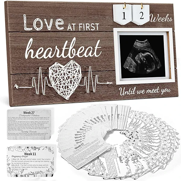Garybank New Mom Gifts - Love at First Sight Ultrasound Picture Frame, w/ Weekly Pregnancy Prayer Cards & Baby Milestone Cards, Gender Reveal Pregnancy Gifts for Pregnant Women from Sister Friends New Parents