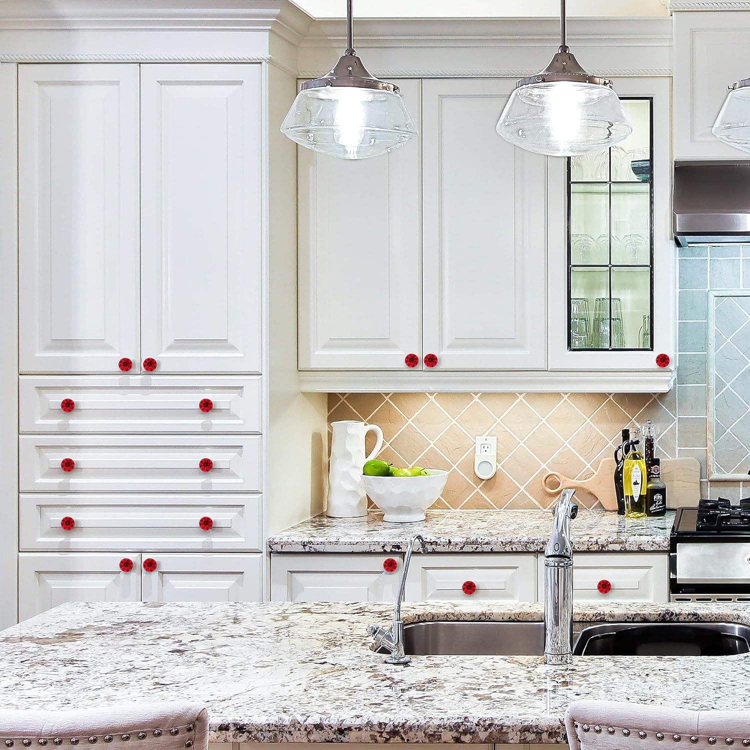 Ravinte 25 Pack Red Crystal Knobs for Dresser Drawers - 30 mm Glass Cabinet Diamond Shaped Knobs with Silver Base